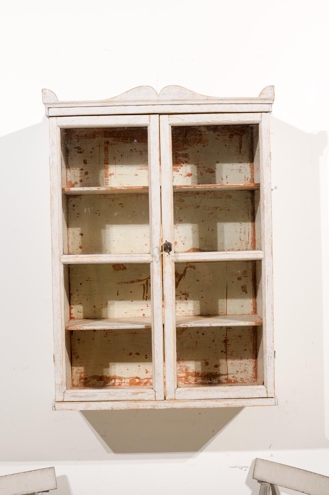 Swedish 1850s Light Grey Painted Wall Cabinet with Glass Doors and Distressing In Good Condition In Atlanta, GA