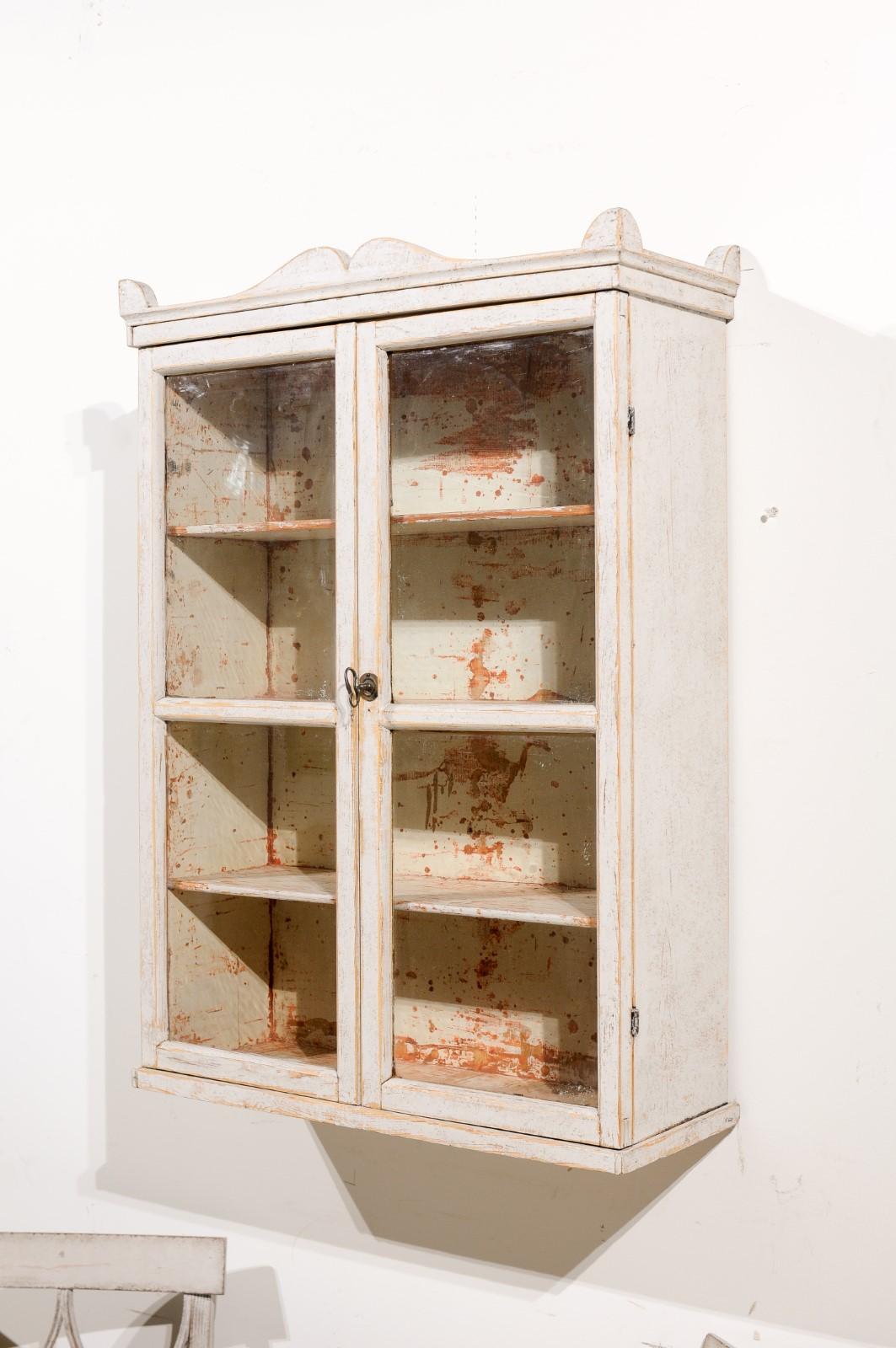 19th Century Swedish 1850s Light Grey Painted Wall Cabinet with Glass Doors and Distressing