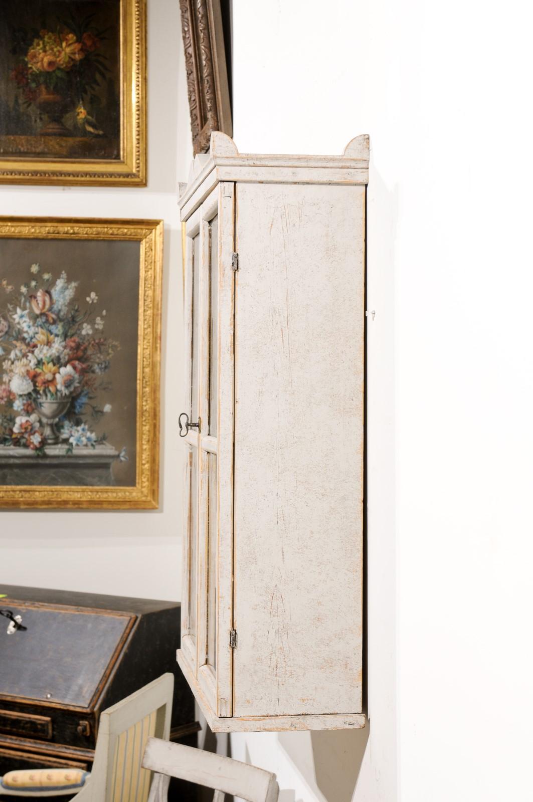Swedish 1850s Light Grey Painted Wall Cabinet with Glass Doors and Distressing 1