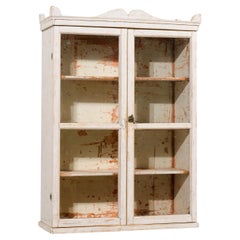 Swedish 1850s Light Grey Painted Wall Cabinet with Glass Doors and Distressing