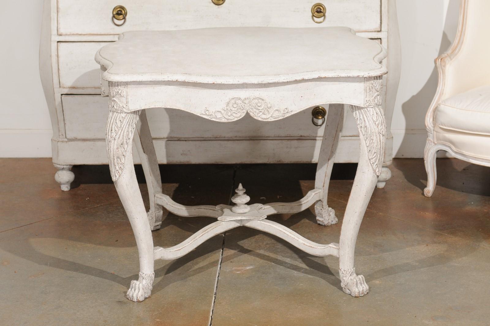Swedish 1850s Painted Center Table with Carved Volutes and Cross Stretcher For Sale 5