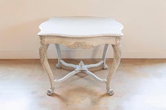 Swedish 1850s Painted Center Table with Carved Volutes and Cross Stretcher
