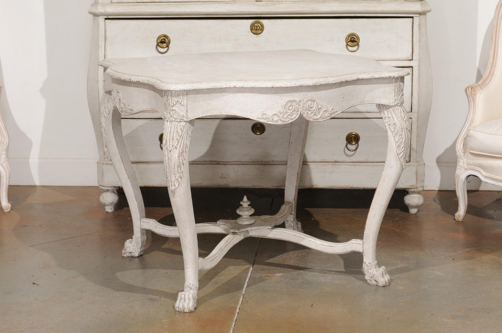 Swedish 1850s Painted Center Table with Carved Volutes and Cross Stretcher In Good Condition For Sale In Atlanta, GA