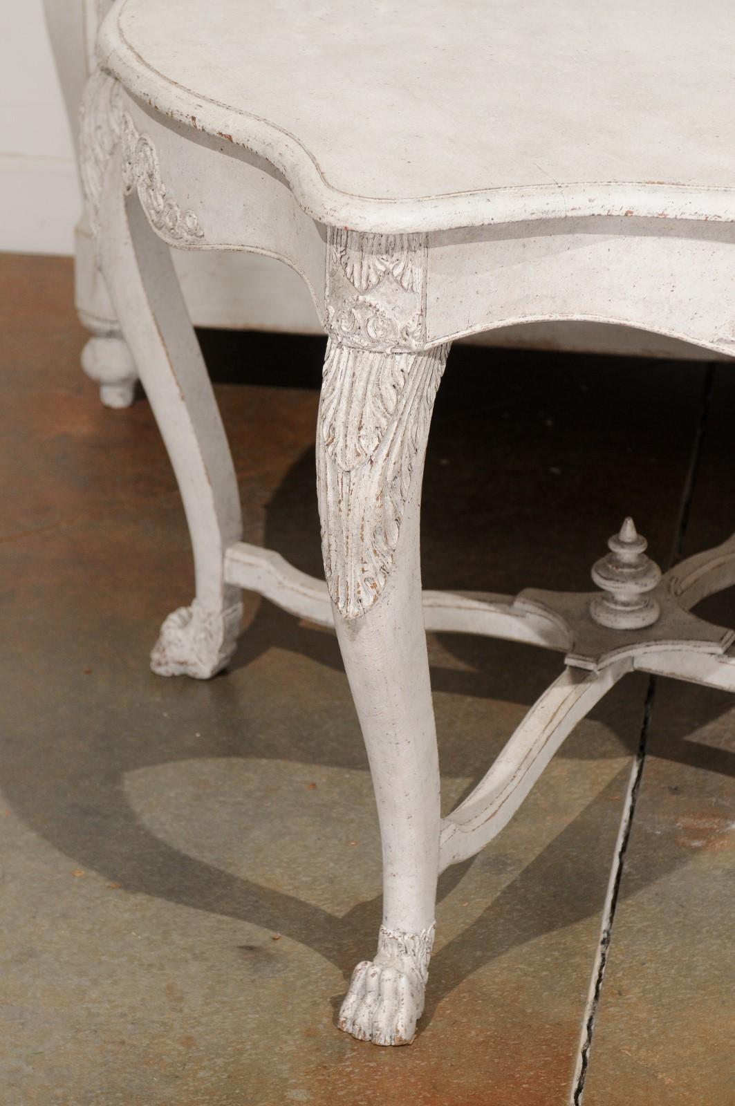 19th Century Swedish 1850s Painted Center Table with Carved Volutes and Cross Stretcher For Sale