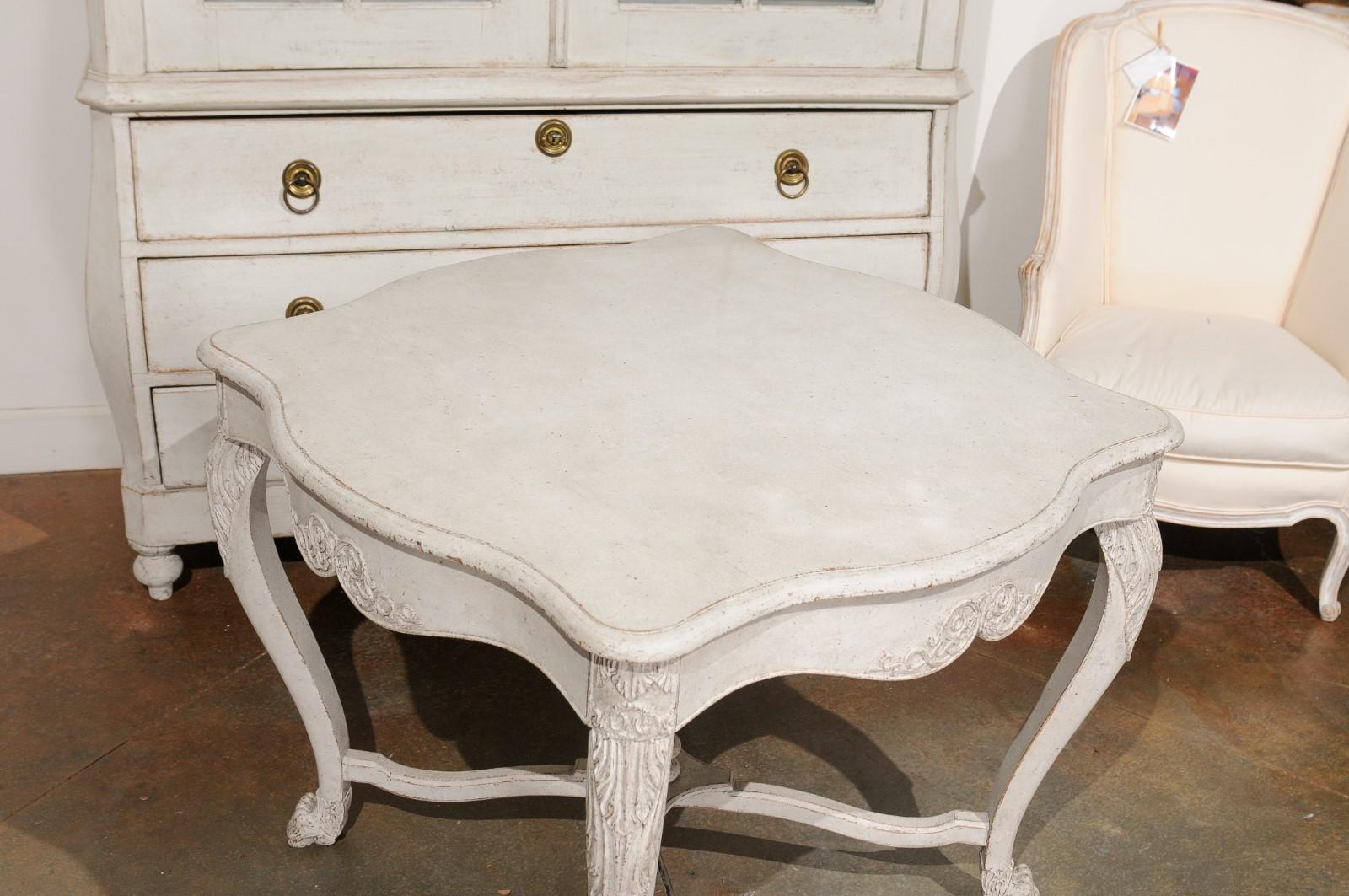 Swedish 1850s Painted Center Table with Carved Volutes and Cross Stretcher For Sale 1