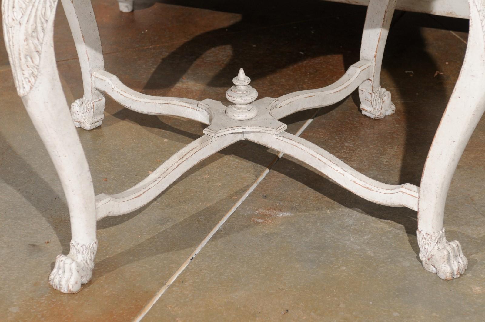 Swedish 1850s Painted Center Table with Carved Volutes and Cross Stretcher For Sale 2