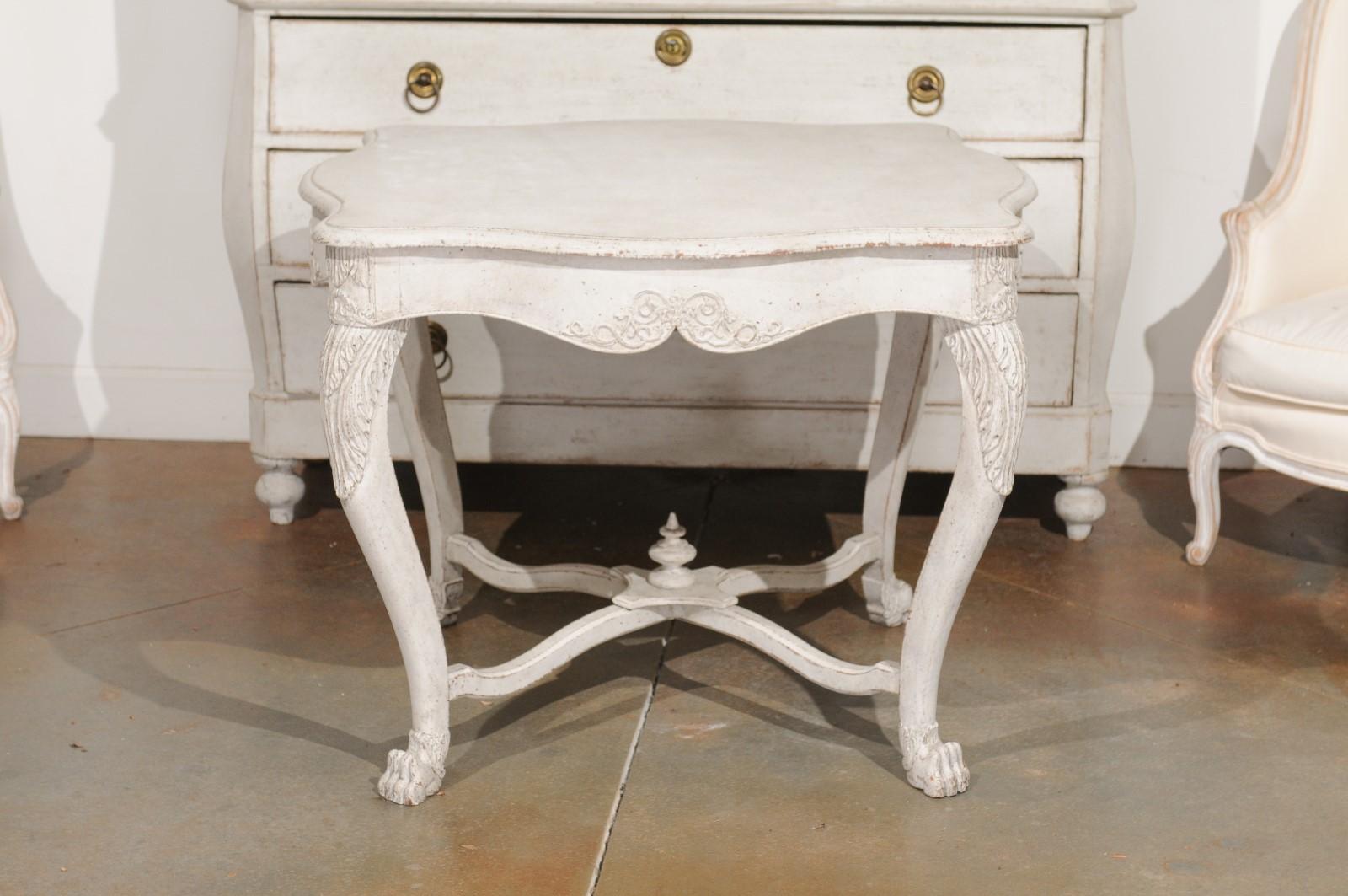 Swedish 1850s Painted Center Table with Carved Volutes and Cross Stretcher For Sale 3