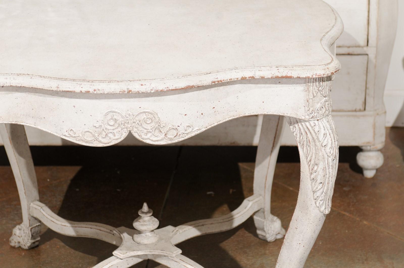 Swedish 1850s Painted Center Table with Carved Volutes and Cross Stretcher For Sale 4