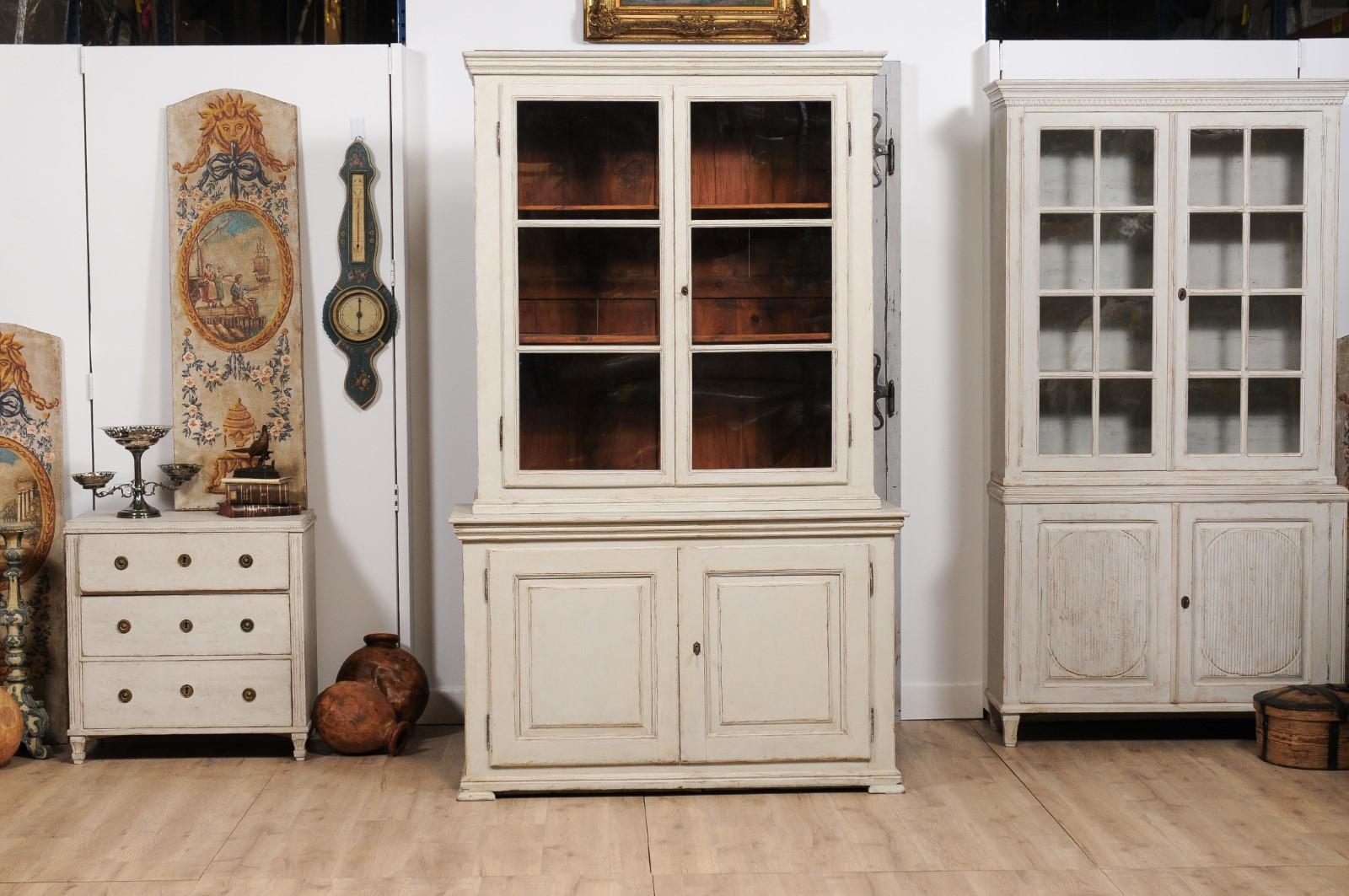 Swedish 1850s Two-part Painted Cabinet with Glass and Wooden Doors In Good Condition In Atlanta, GA