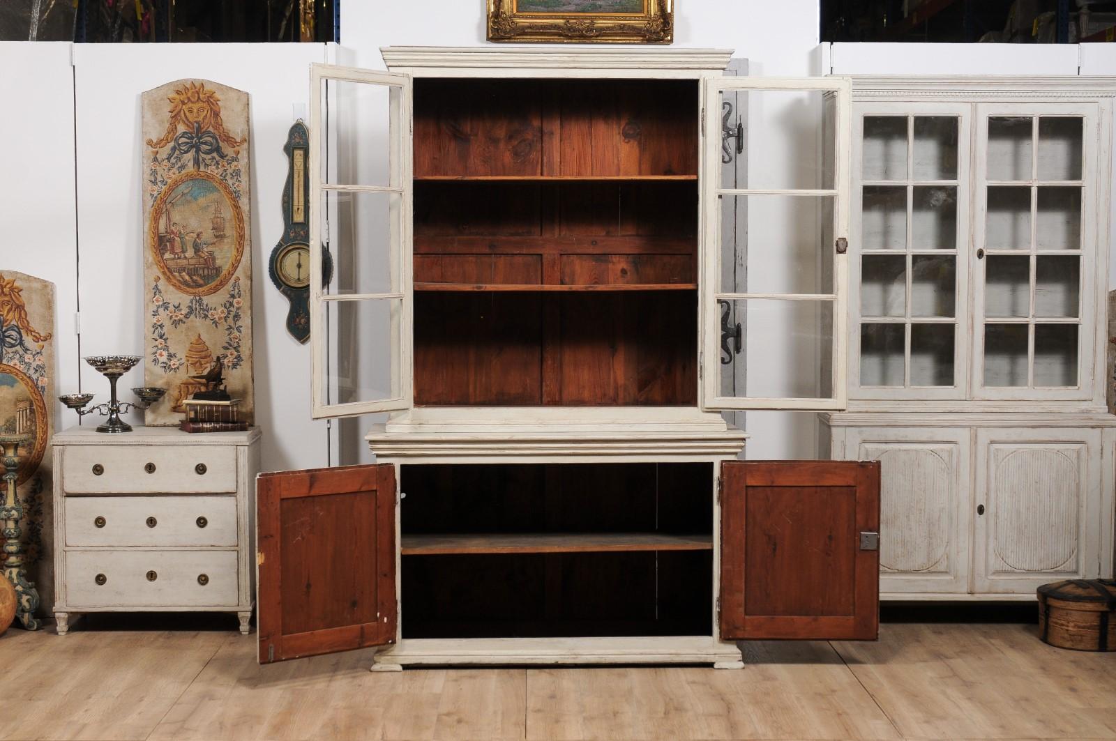 19th Century Swedish 1850s Two-part Painted Cabinet with Glass and Wooden Doors