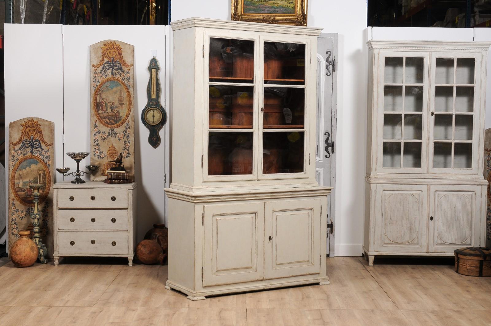 Swedish 1850s Two-part Painted Cabinet with Glass and Wooden Doors 1
