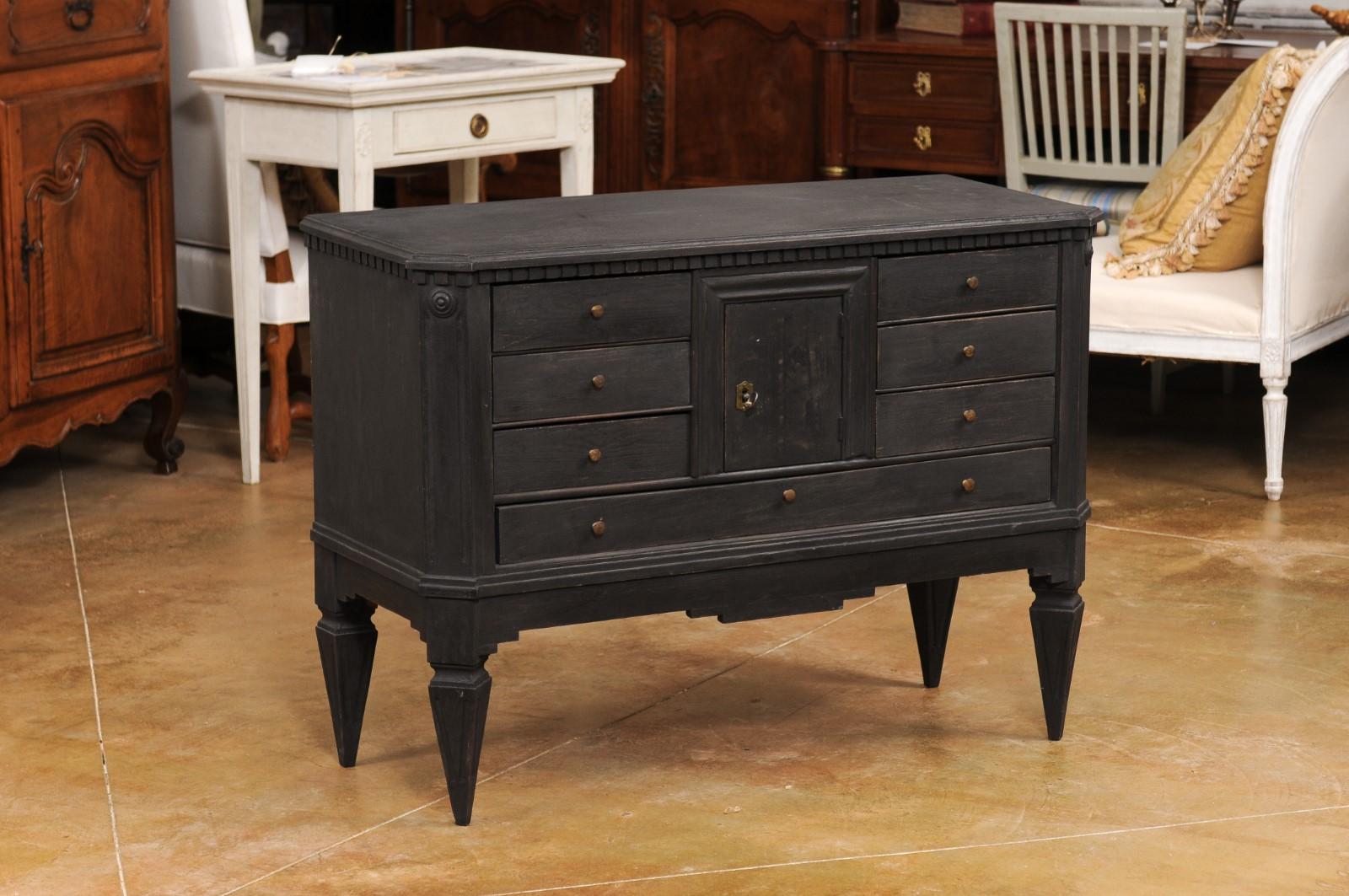 Swedish 1855s Black Painted Chest with Central Door and Seven Drawers 4