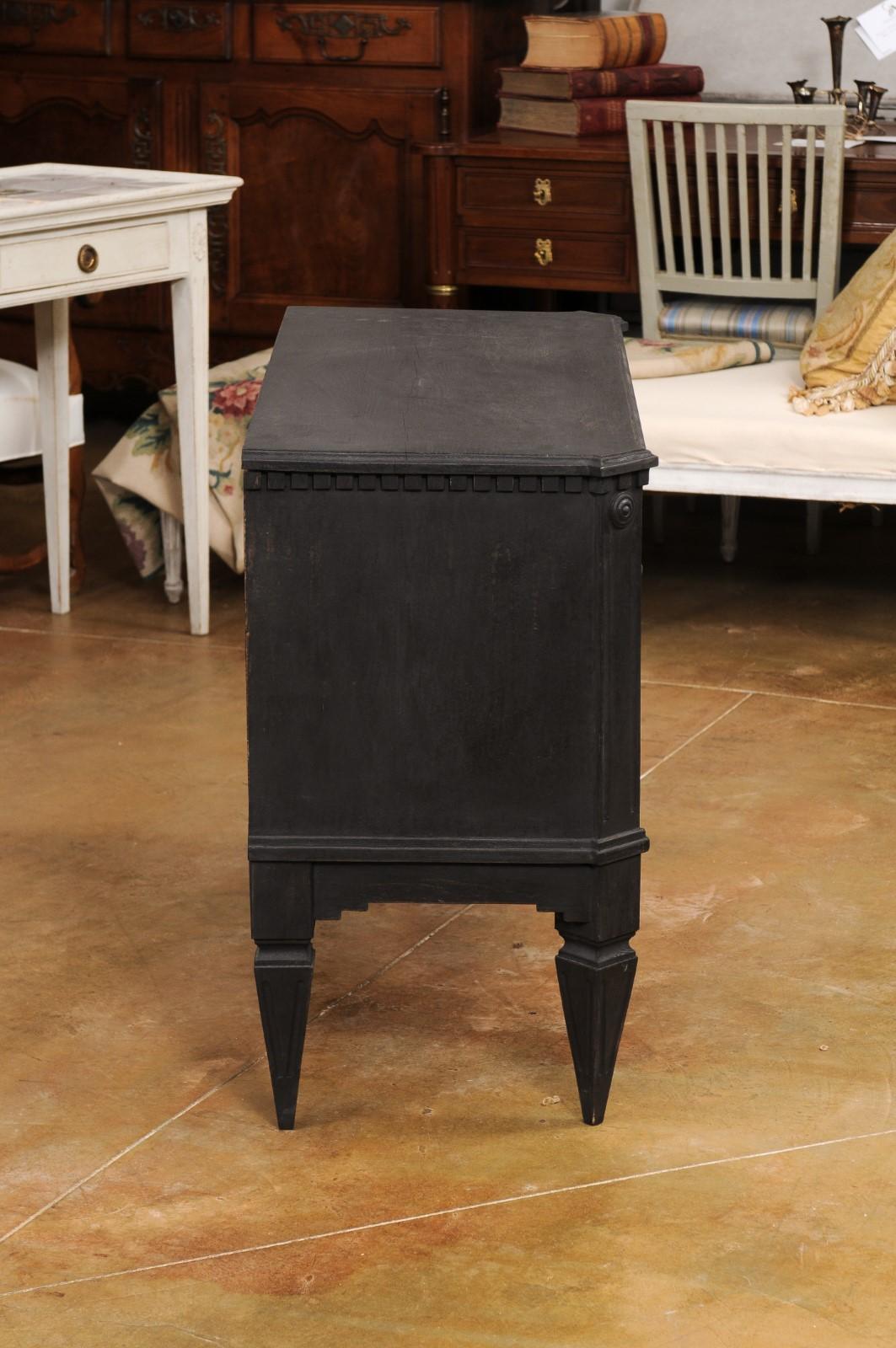 Carved Swedish 1855s Black Painted Chest with Central Door and Seven Drawers