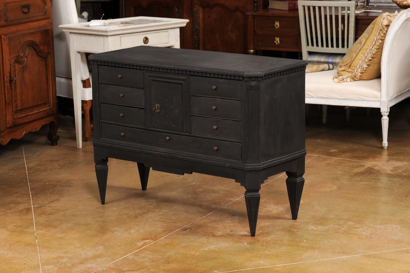 Swedish 1855s Black Painted Chest with Central Door and Seven Drawers 2