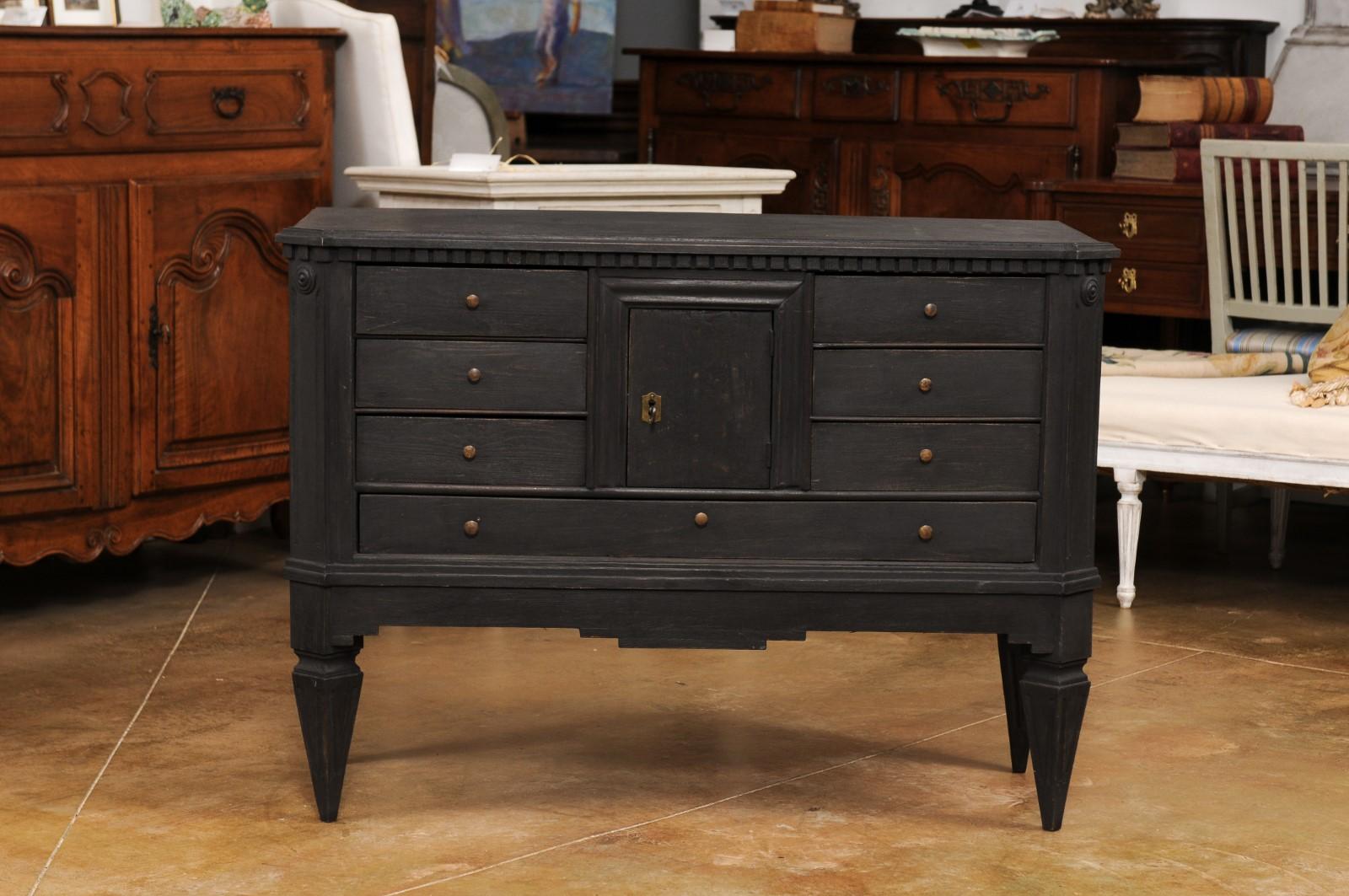 Swedish 1855s Black Painted Chest with Central Door and Seven Drawers 3