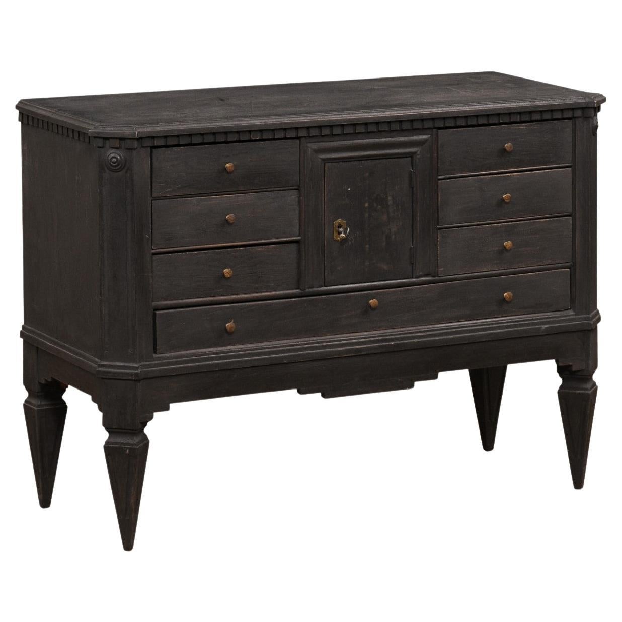 Swedish 1855s Black Painted Chest with Central Door and Seven Drawers For Sale