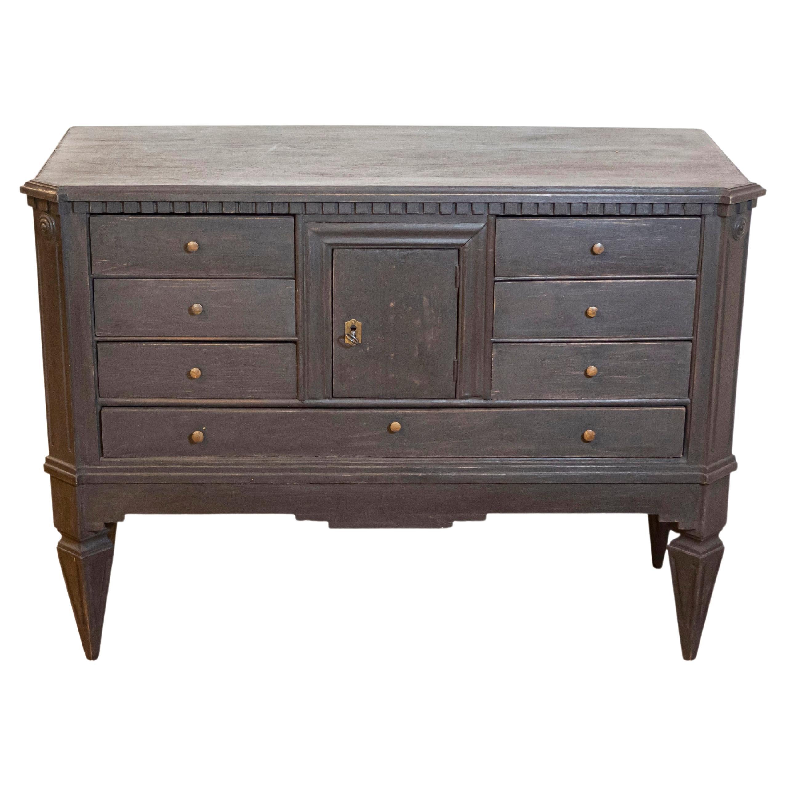 Swedish 1855s Black Painted Chest with Central Door and Seven Drawers