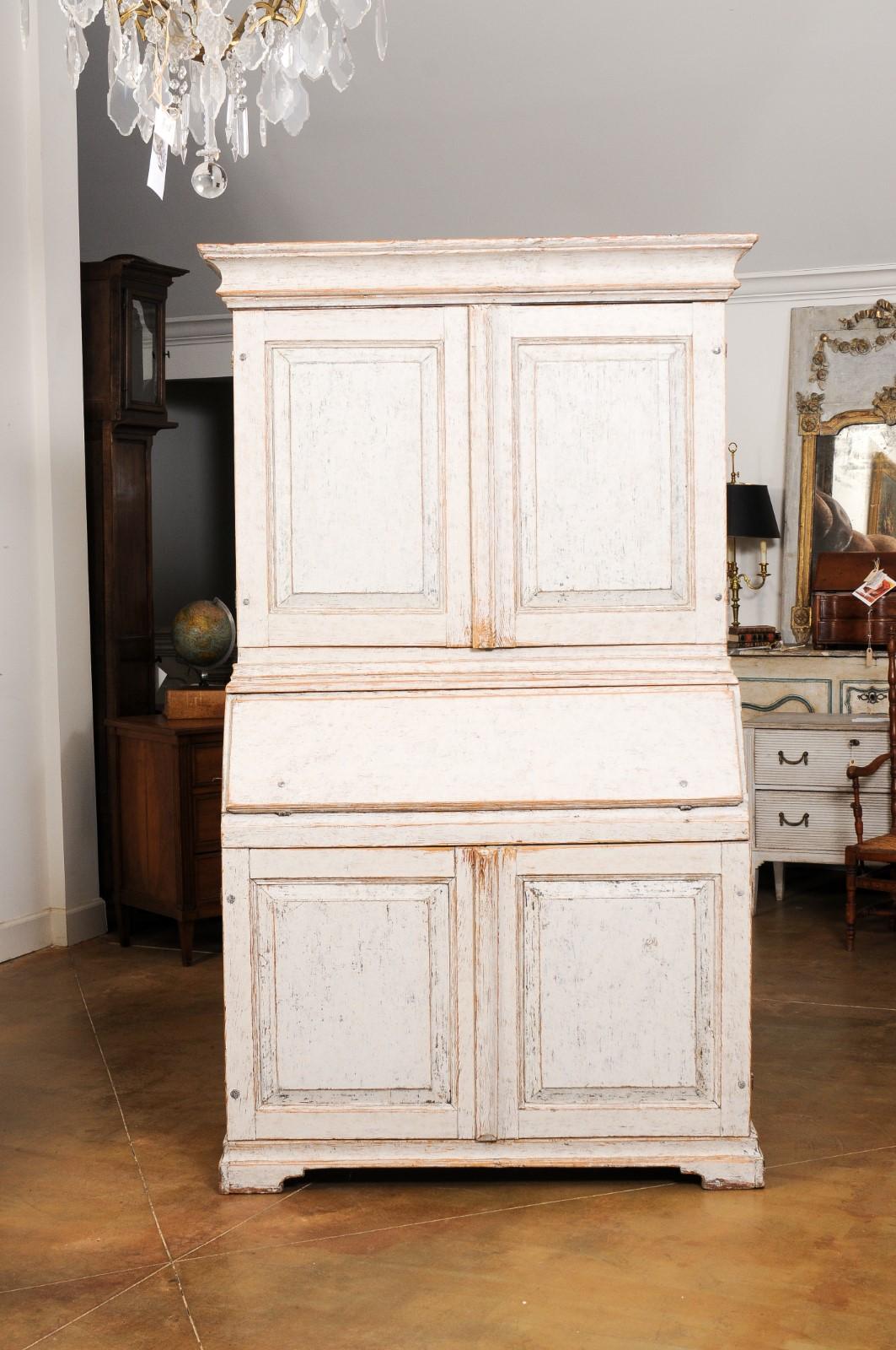Swedish 1856 Two-part Painted Secretary with Four Doors and Slant Front Desk For Sale 5