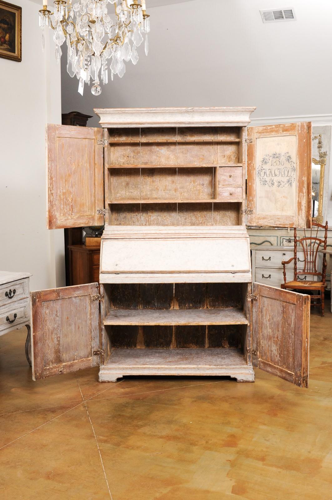 Swedish 1856 Two-part Painted Secretary with Four Doors and Slant Front Desk For Sale 6