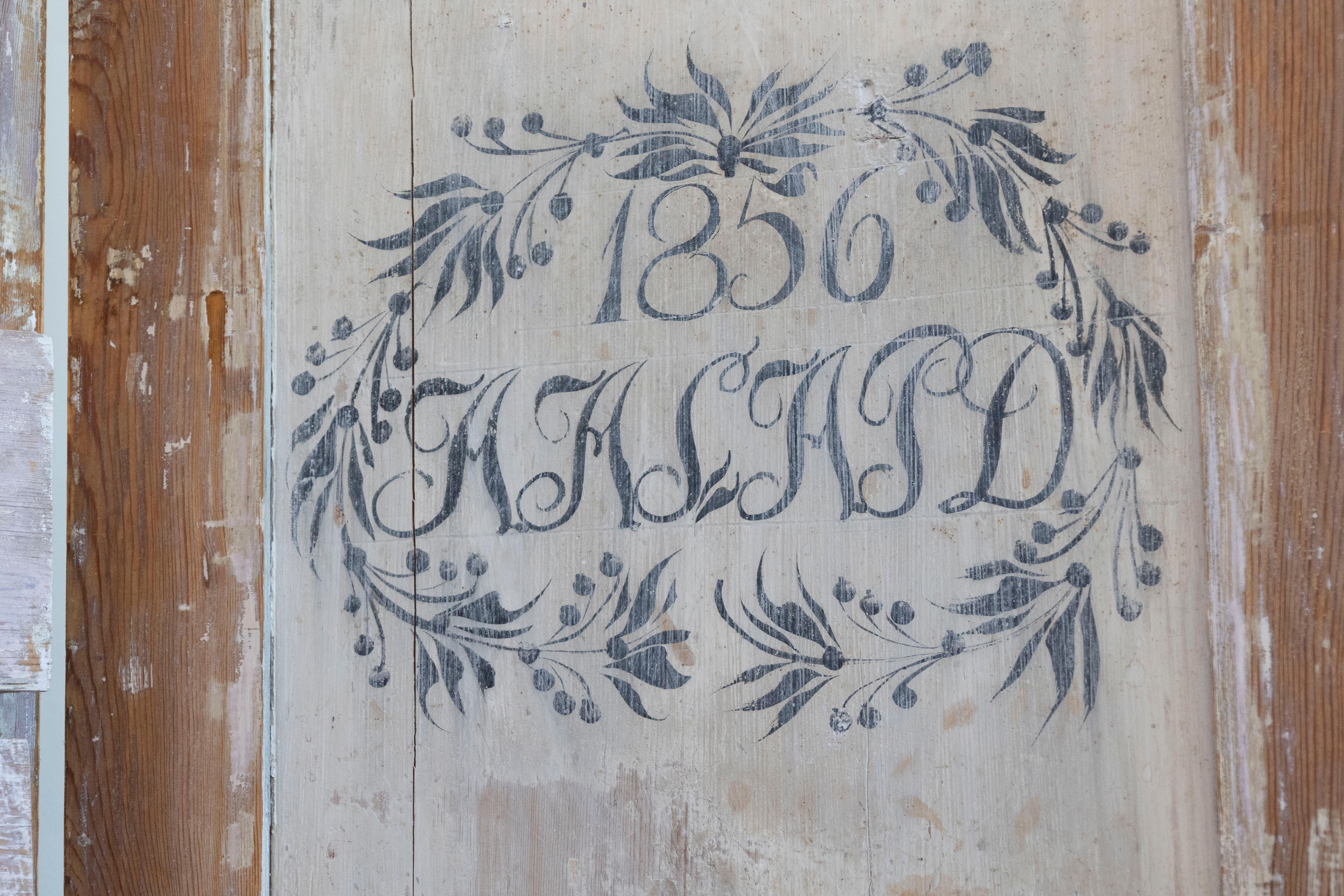 Carved Swedish 1856 Two-part Painted Secretary with Four Doors and Slant Front Desk For Sale