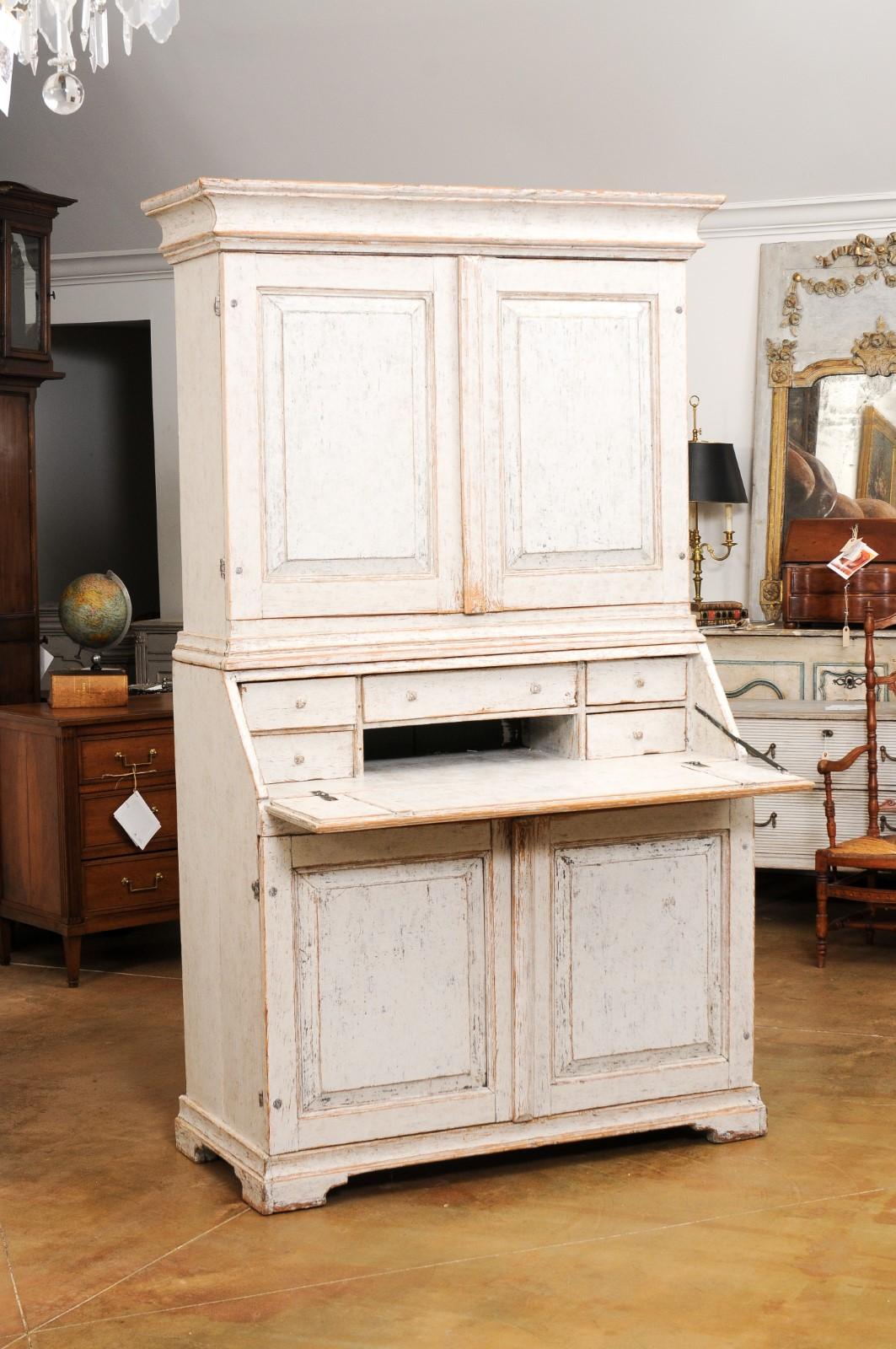 Hand-Painted Swedish 1856 Two-part Painted Secretary with Four Doors and Slant Front Desk For Sale