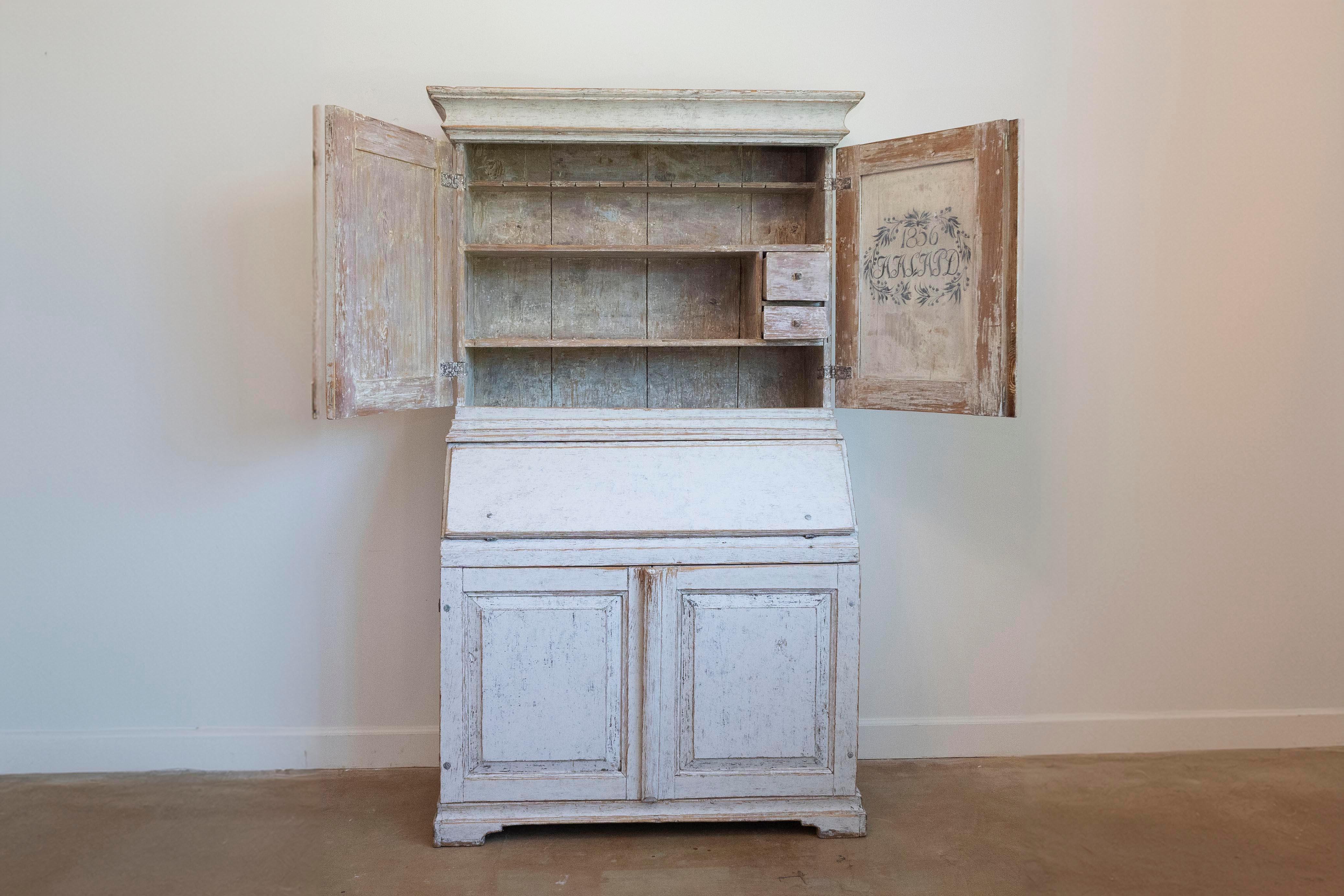 19th Century Swedish 1856 Two-part Painted Secretary with Four Doors and Slant Front Desk For Sale