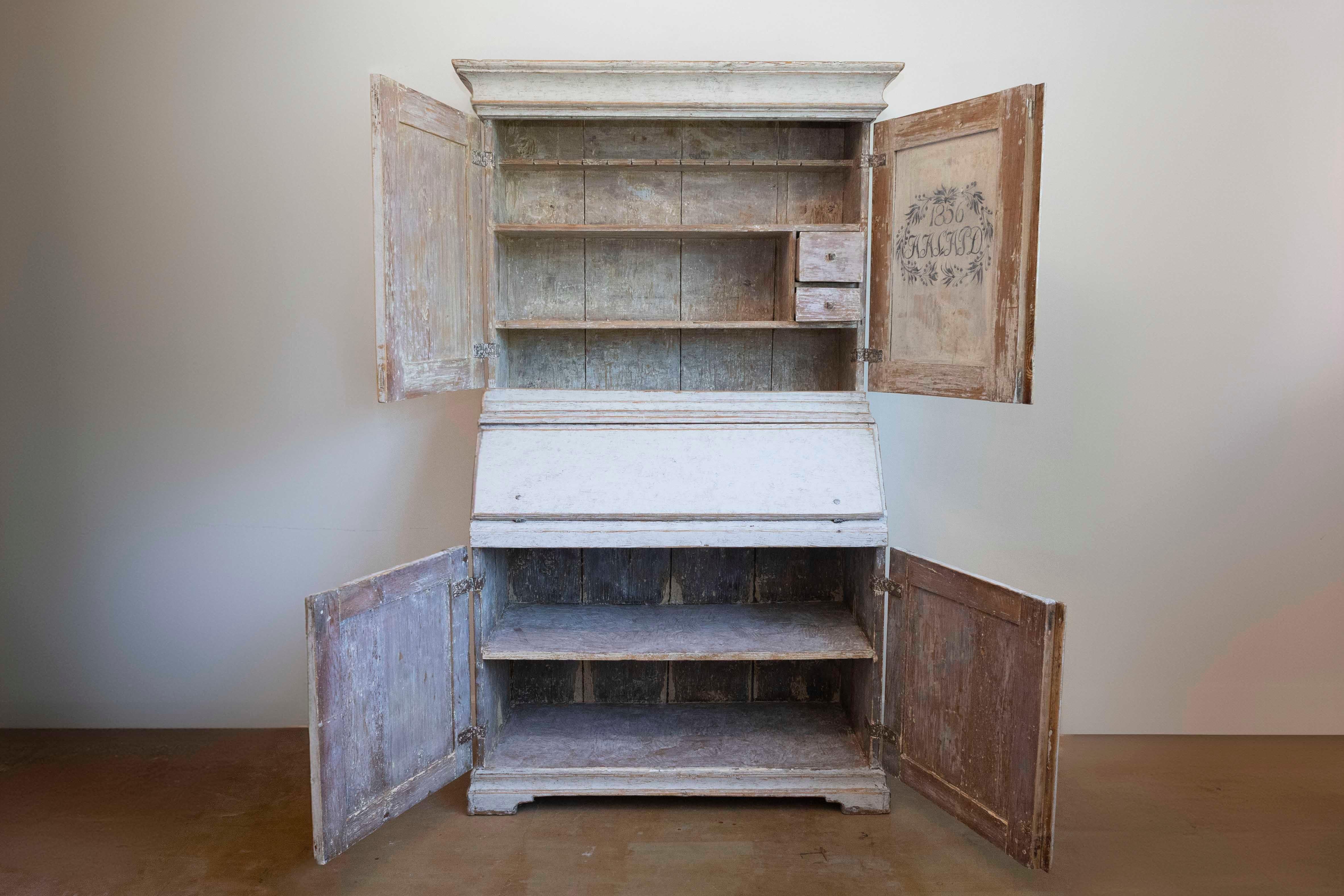 Wood Swedish 1856 Two-part Painted Secretary with Four Doors and Slant Front Desk For Sale