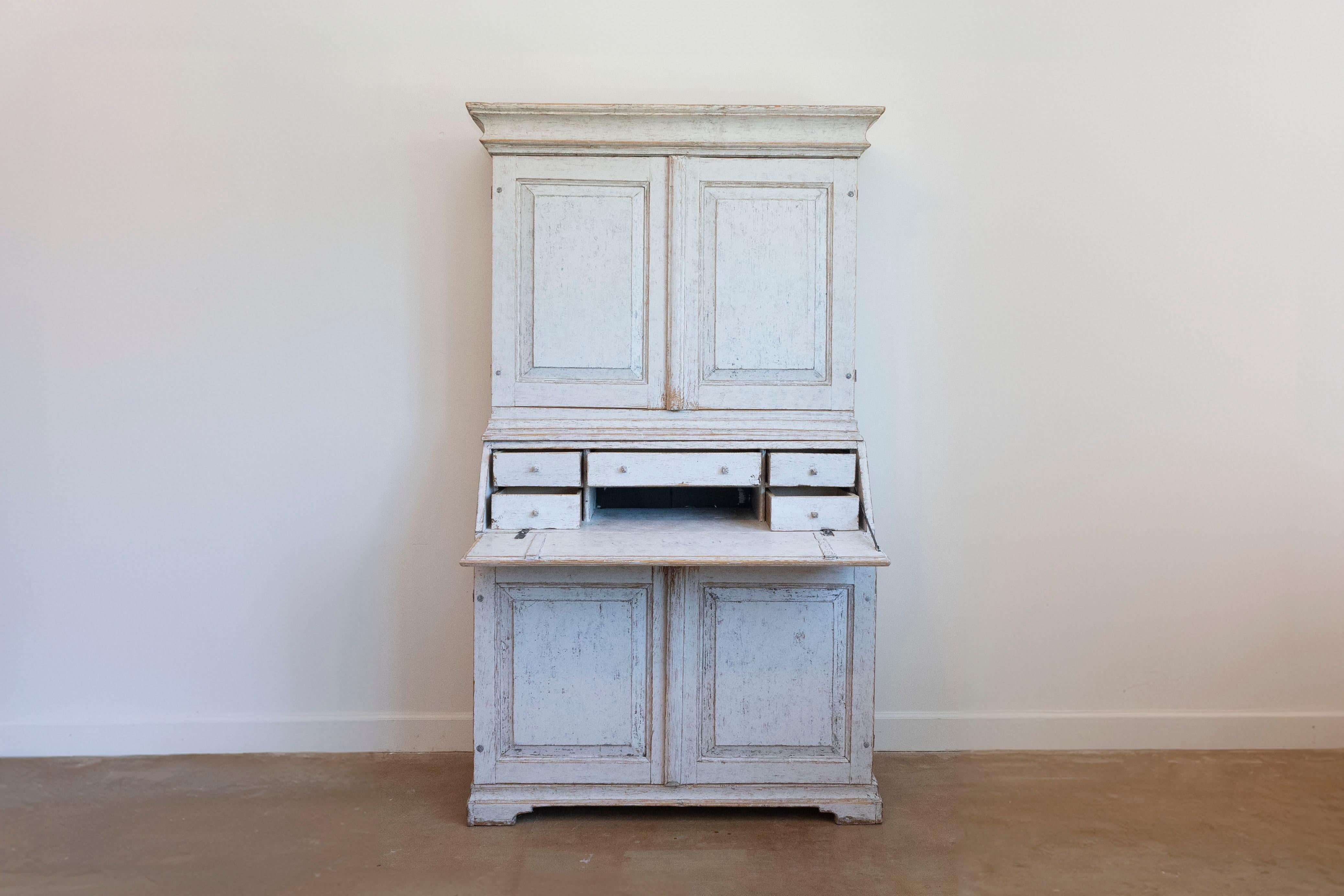 Swedish 1856 Two-part Painted Secretary with Four Doors and Slant Front Desk For Sale 1