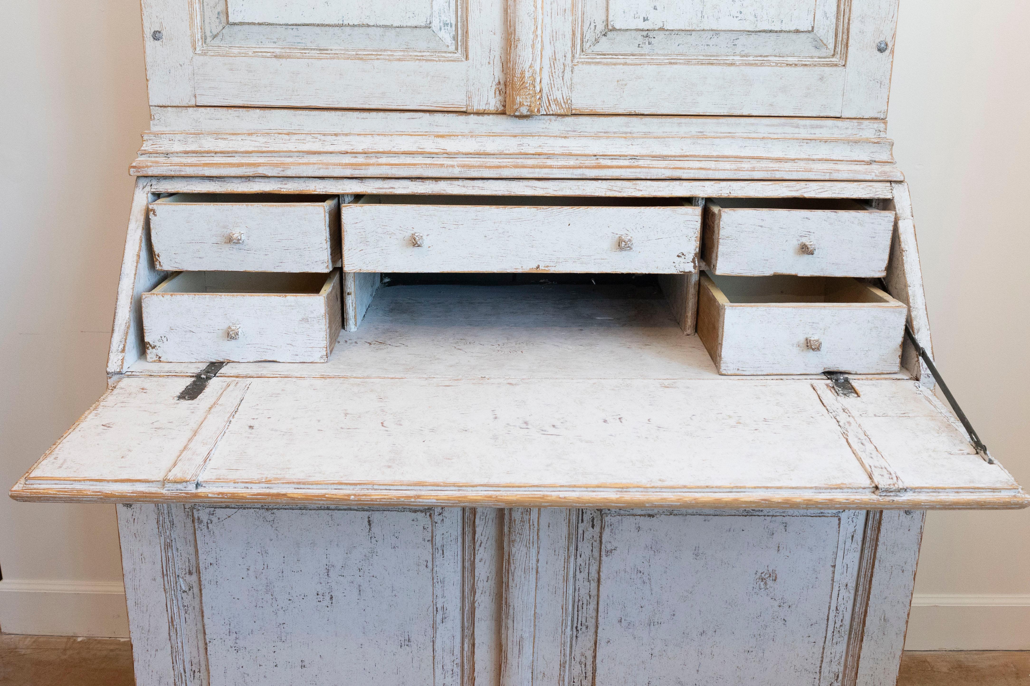 Swedish 1856 Two-part Painted Secretary with Four Doors and Slant Front Desk For Sale 2