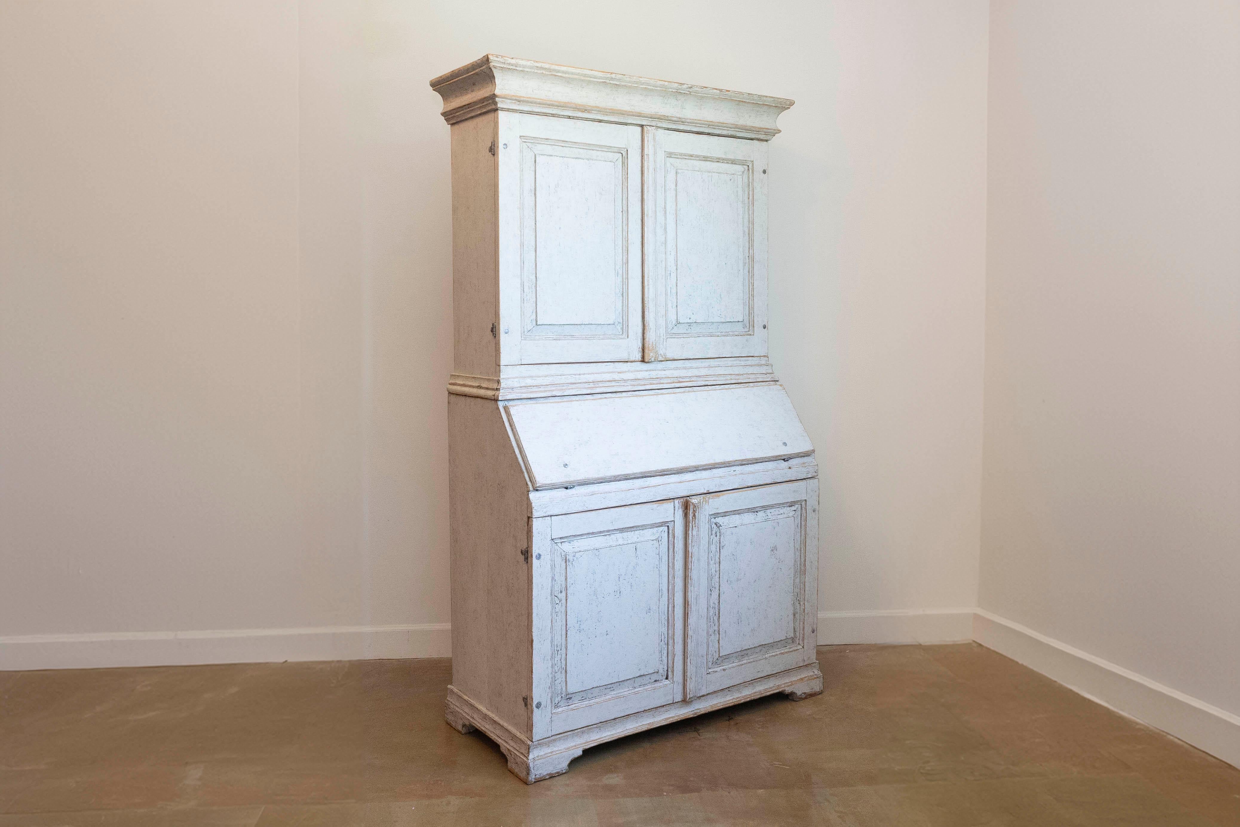Swedish 1856 Two-part Painted Secretary with Four Doors and Slant Front Desk For Sale 3