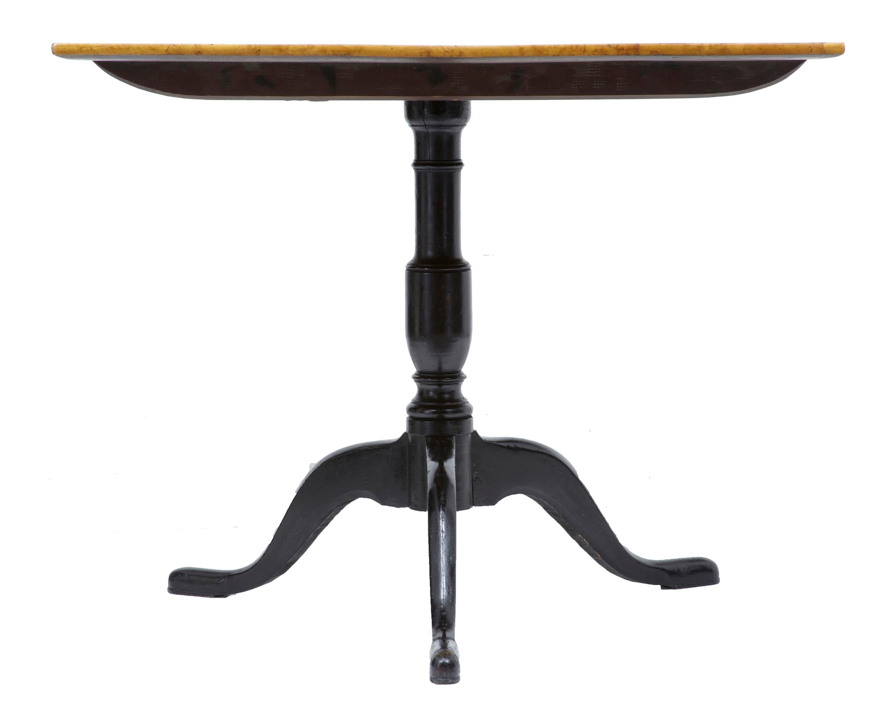 Turned Swedish 1860s Birch Root Tilt Top Table with Ebonized Pedestal Base