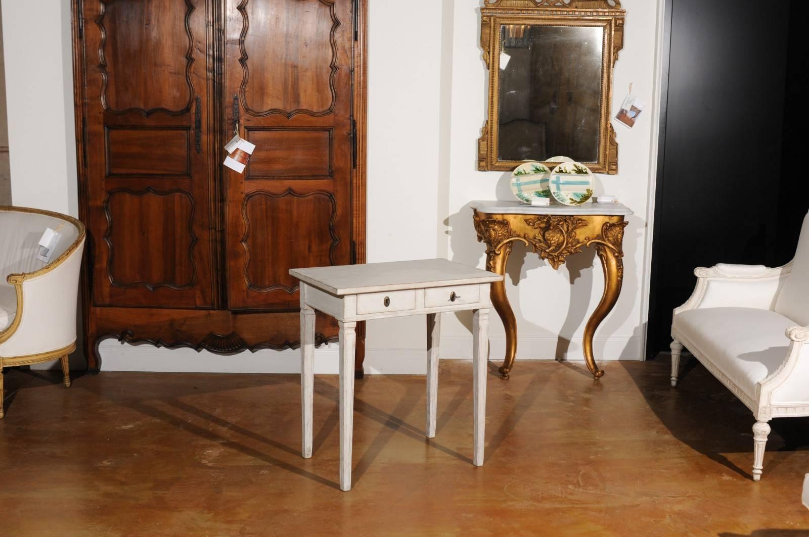 Swedish 1860s Gustavian Style Painted Side Table with Drawers and Tapered Legs In Good Condition In Atlanta, GA