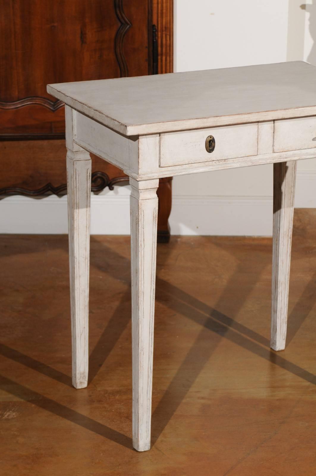 19th Century Swedish 1860s Gustavian Style Painted Side Table with Drawers and Tapered Legs