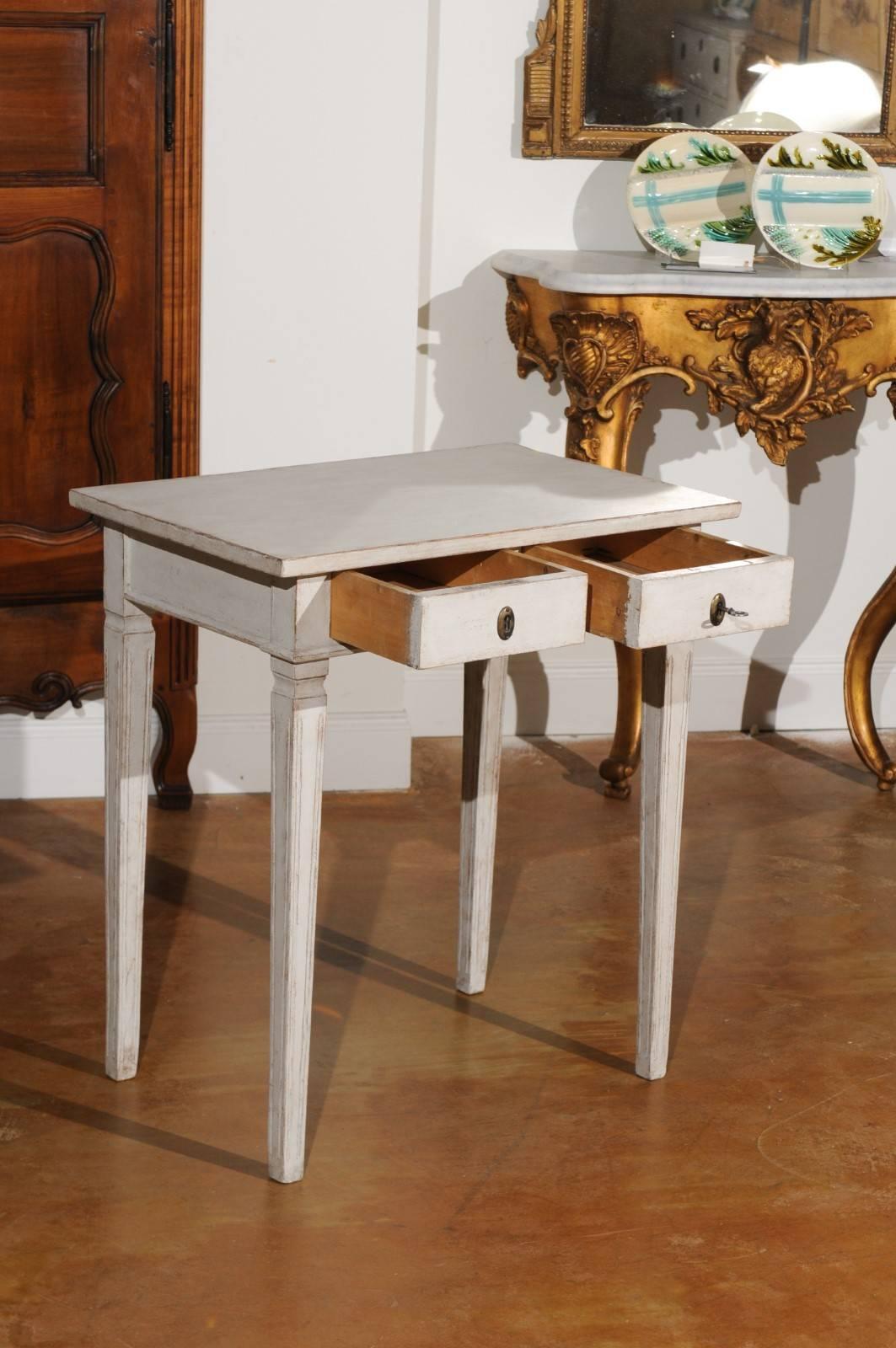 Wood Swedish 1860s Gustavian Style Painted Side Table with Drawers and Tapered Legs
