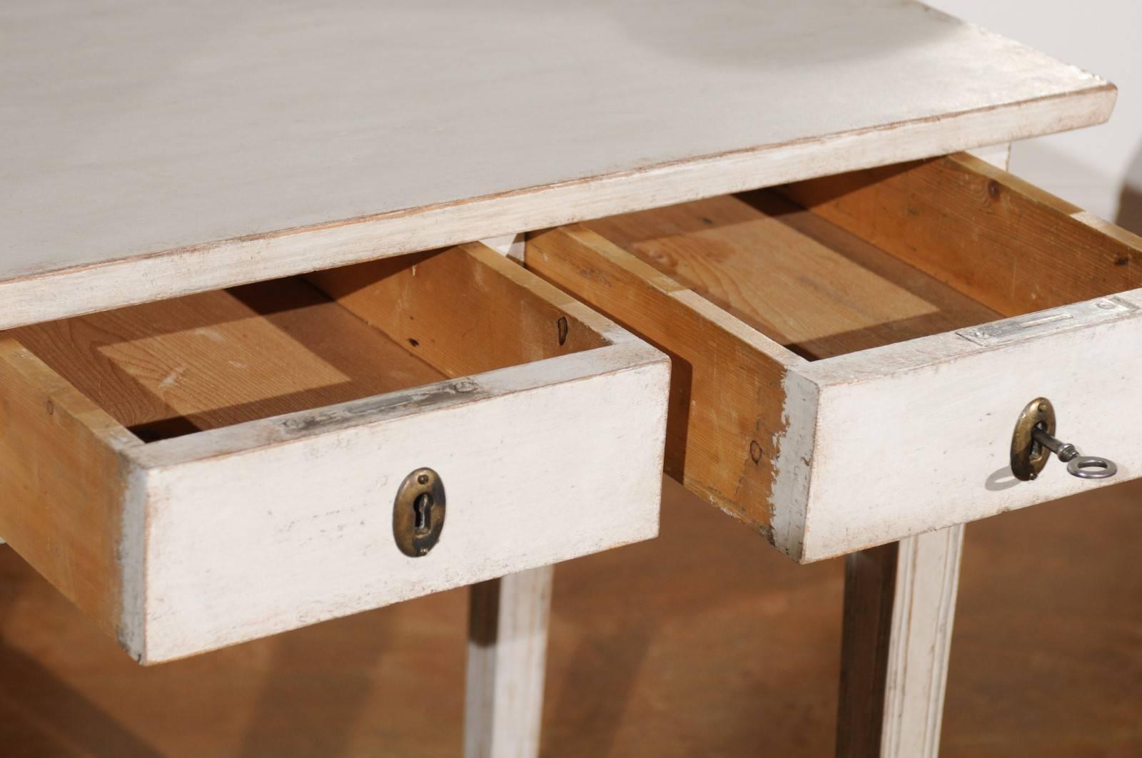 Swedish 1860s Gustavian Style Painted Side Table with Drawers and Tapered Legs 1