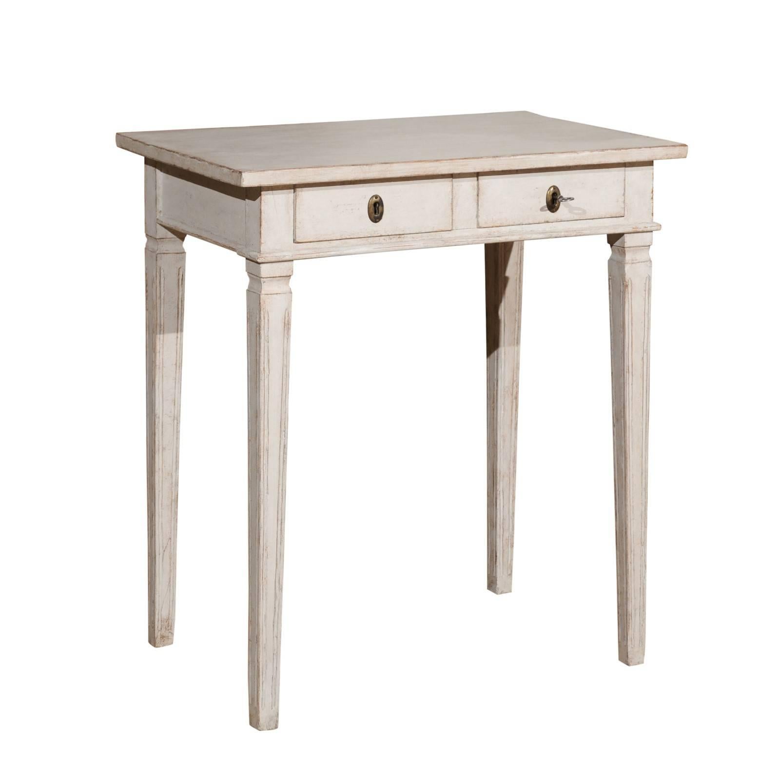 Swedish 1860s Gustavian Style Painted Side Table with Drawers and Tapered Legs
