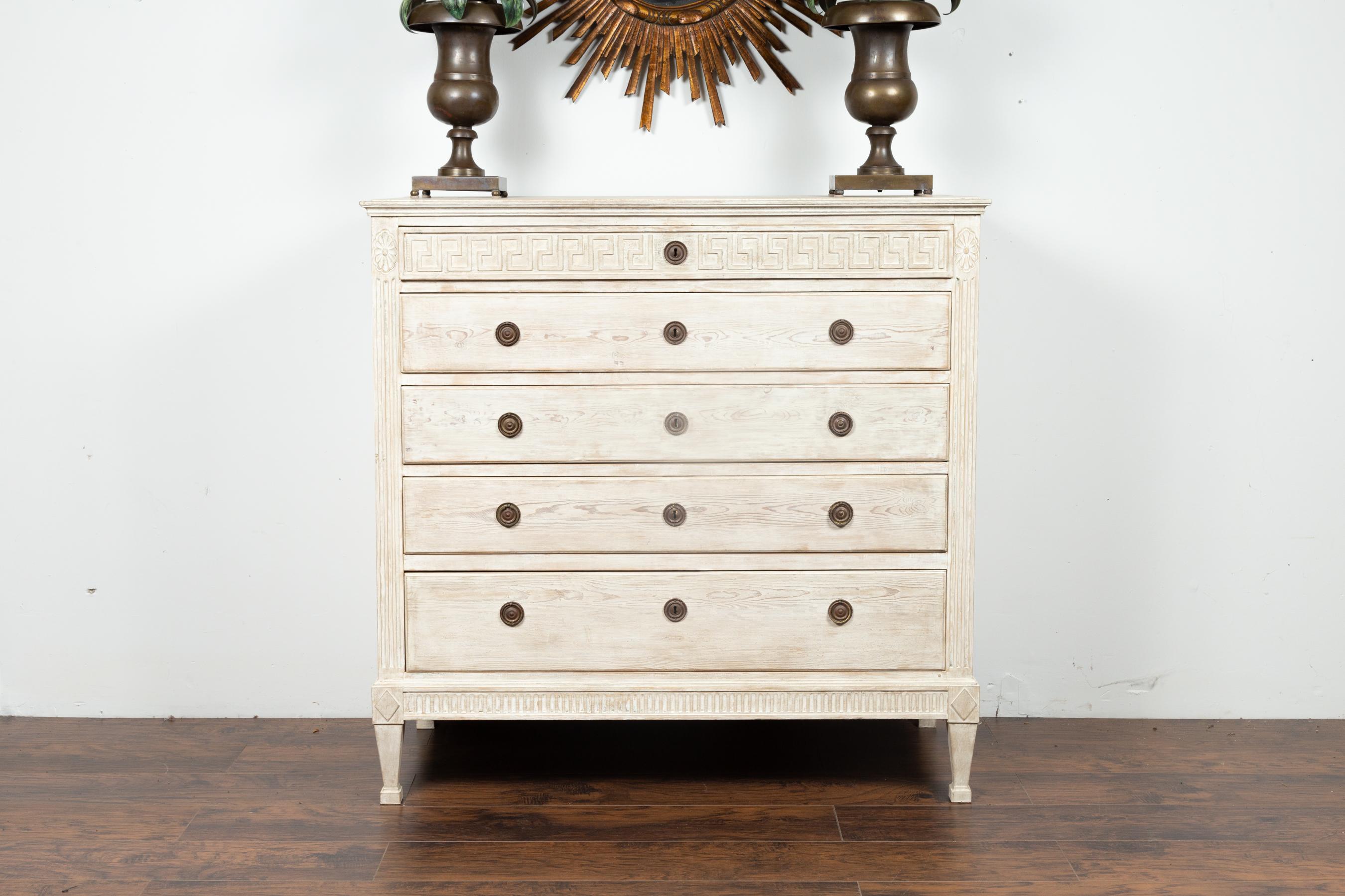 Wood 19th Century Painted Chest with Carved Greek Key Frieze, Fluting and Rosettes