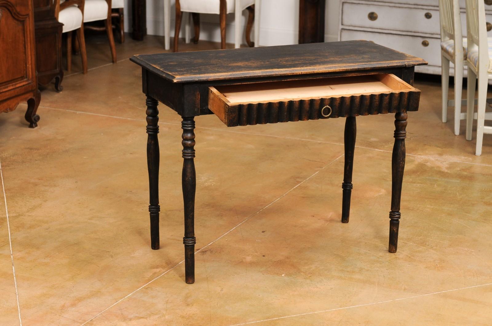 Carved Swedish 1860s Painted Wood Desk with Dark Patina and Reeded Drawer