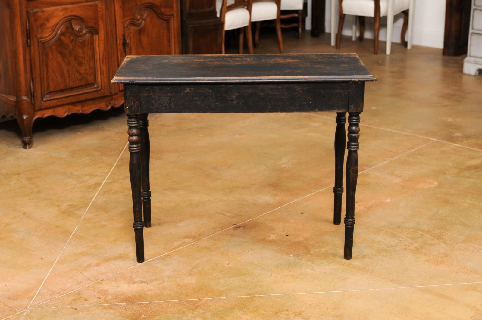 Swedish 1860s Painted Wood Desk with Dark Patina and Reeded Drawer 3