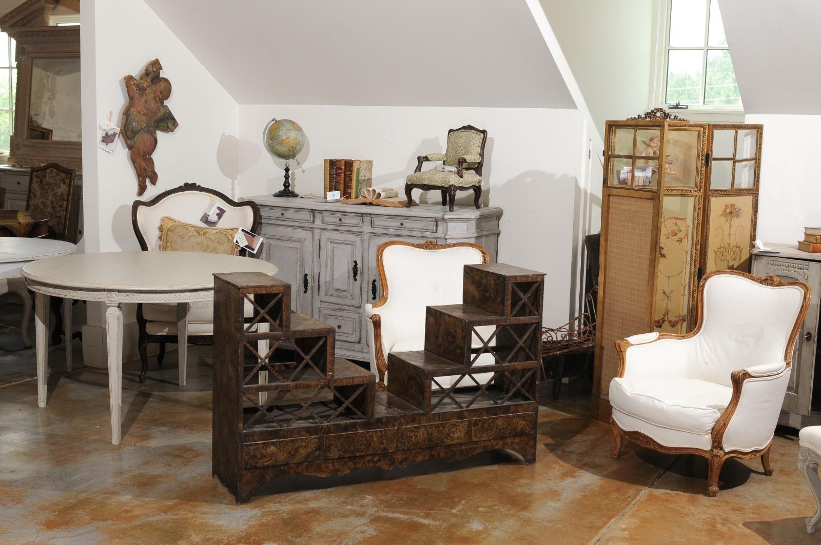Veneer Swedish 1860s Stepped Flower Stand with Drawers, Scalloped Apron and X Motifs