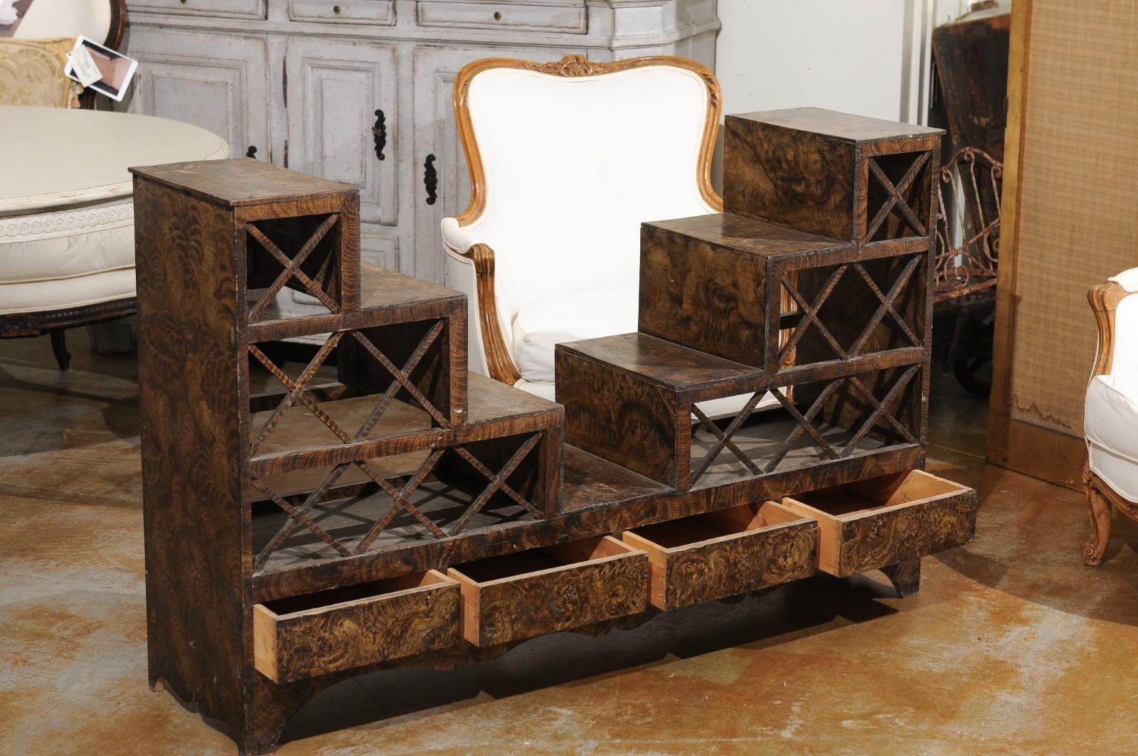19th Century Swedish 1860s Stepped Flower Stand with Drawers, Scalloped Apron and X Motifs