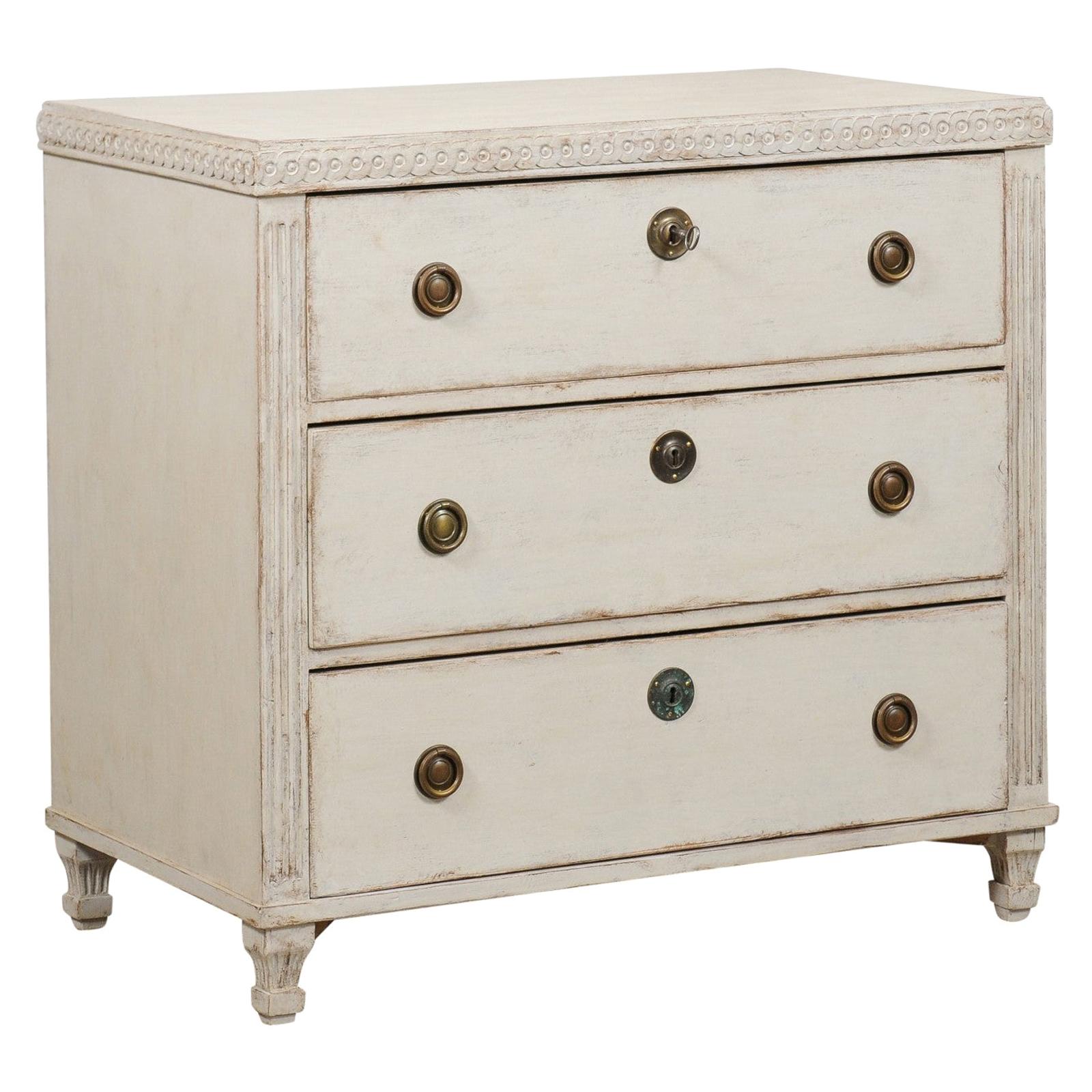 Swedish 1865 Neoclassical Style Painted Three-Drawer Chest with Guilloches