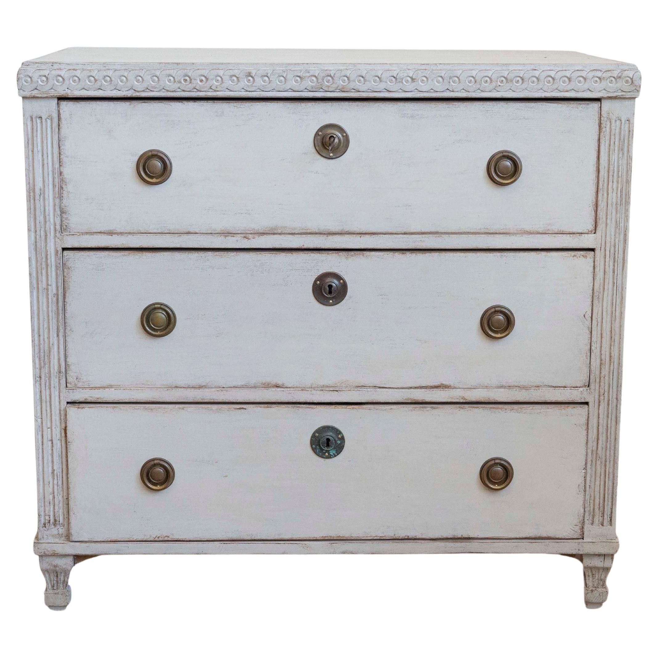 Swedish 1865 Neoclassical Style Painted Three-Drawer Chest with Guilloches