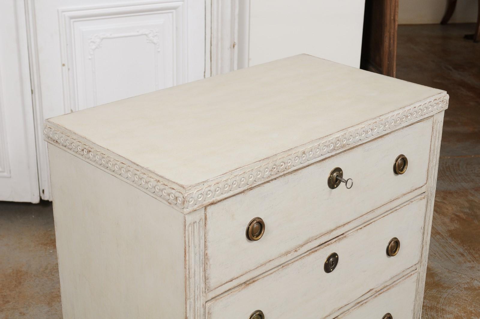 Carved Swedish 1865 Neoclassical Style Painted Three-Drawer Chest with Guilloches For Sale