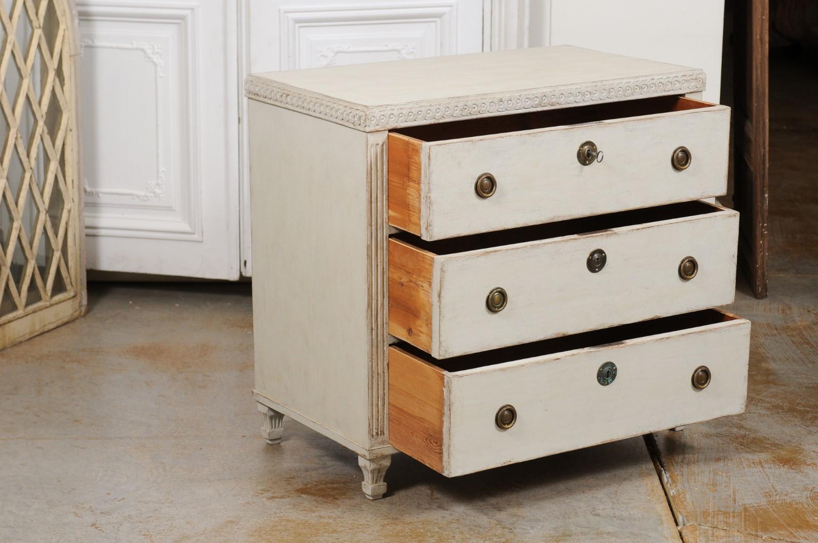 Swedish 1865 Neoclassical Style Painted Three-Drawer Chest with Guilloches In Good Condition For Sale In Atlanta, GA