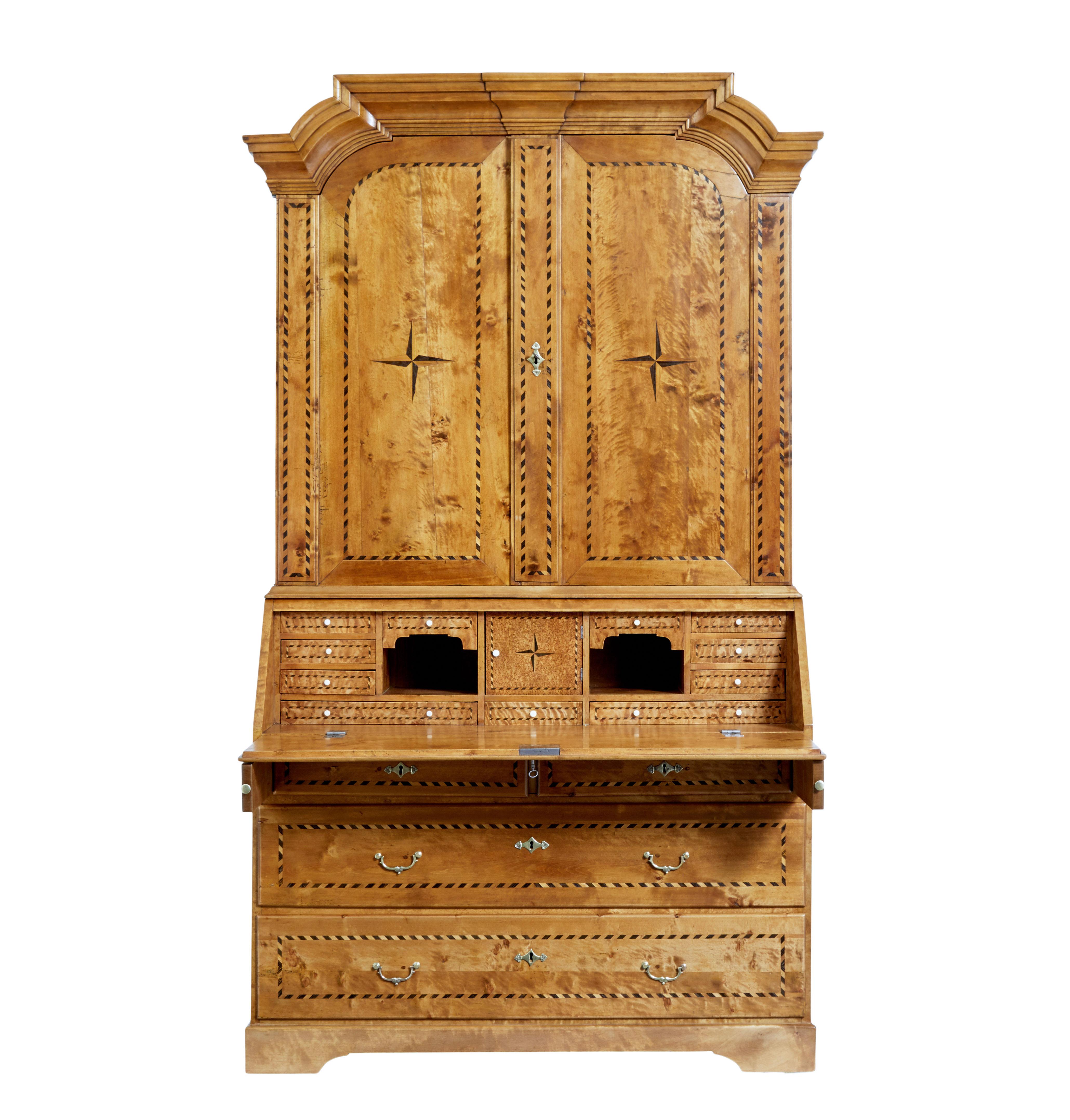 Swedish 1870s Birch Inlaid Secretary with Inlaid Motifs and Slant Front Desk For Sale 5