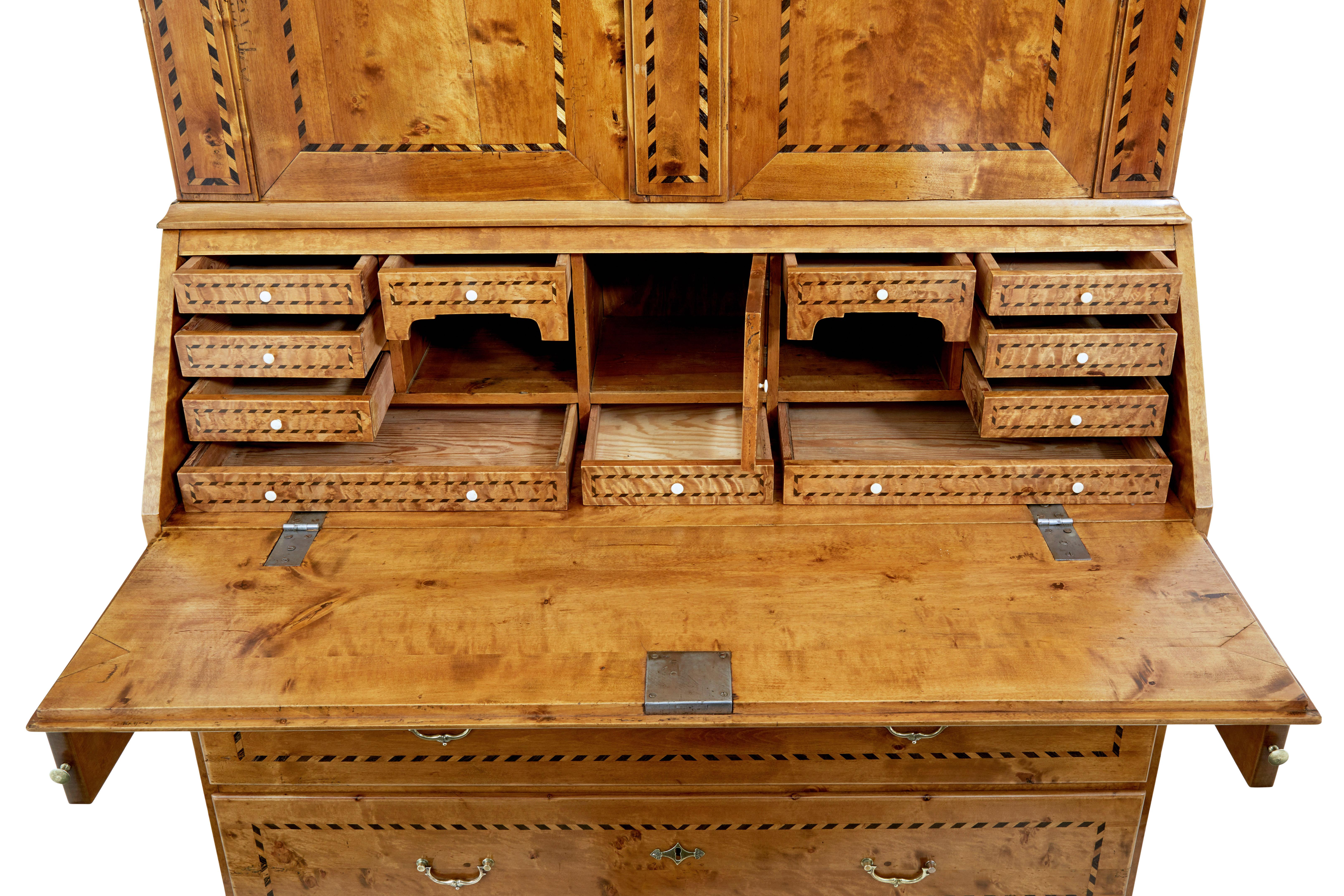 19th Century Swedish 1870s Birch Inlaid Secretary with Inlaid Motifs and Slant Front Desk For Sale