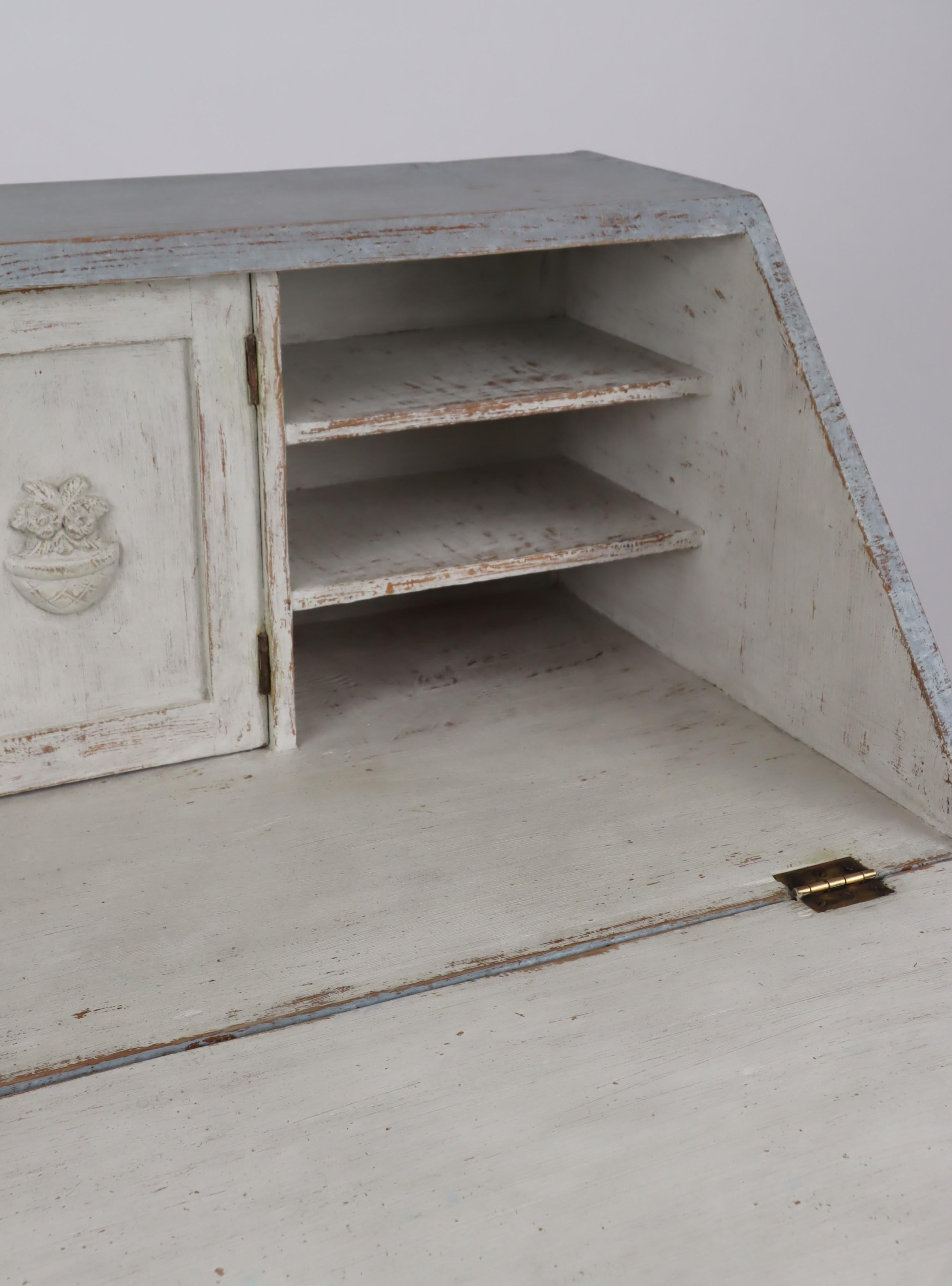 19th Century Swedish 1880s Blue Gray Painted Slant Front Desk with Carved Panels and Drawers