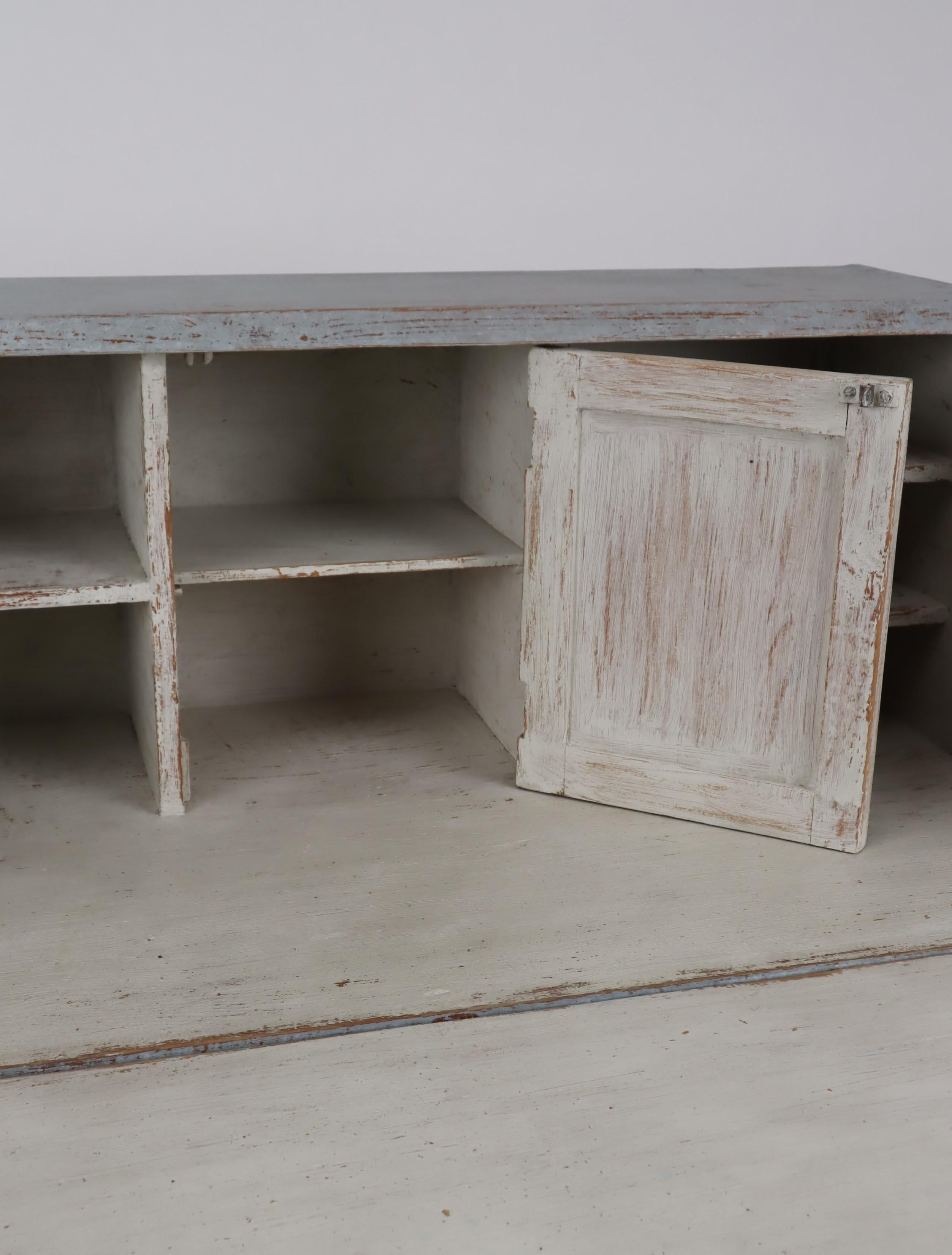 Swedish 1880s Blue Gray Painted Slant Front Desk with Carved Panels and Drawers 1