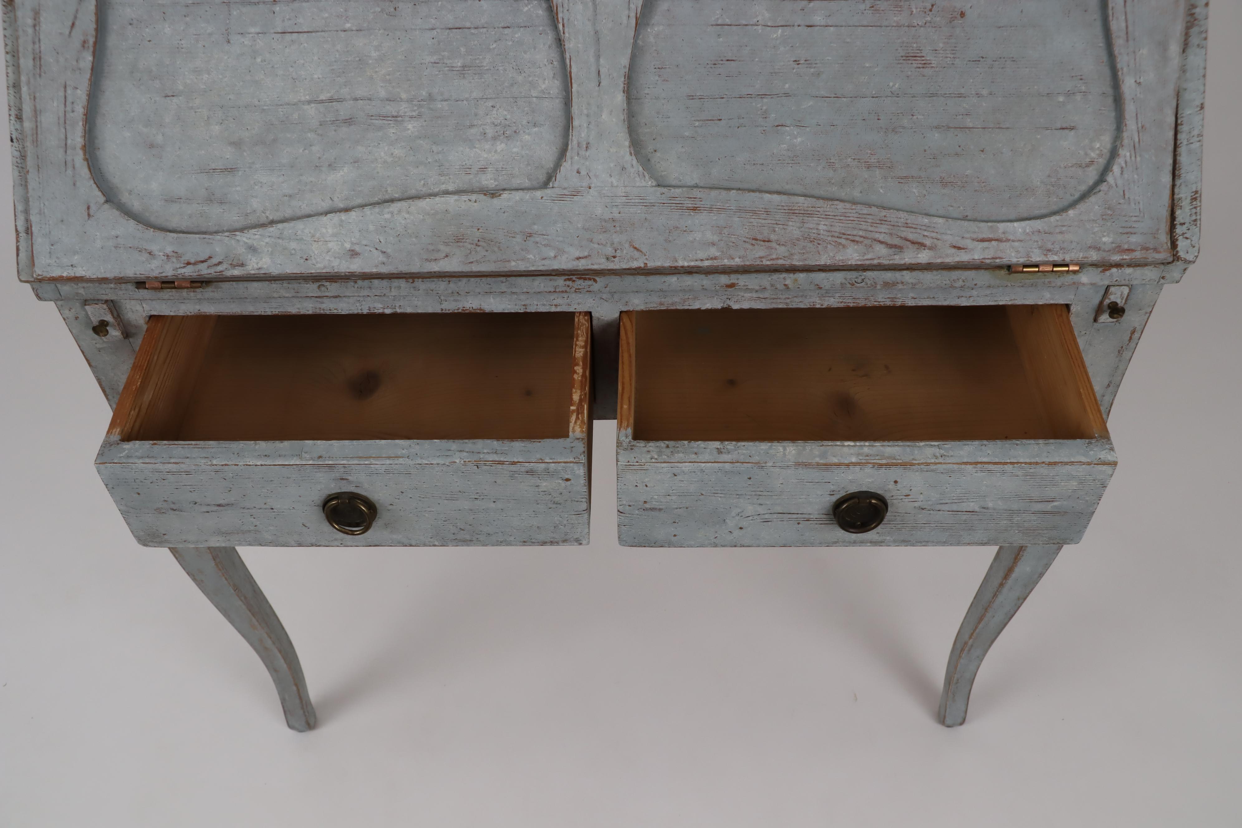 Swedish 1880s Blue Gray Painted Slant Front Desk with Carved Panels and Drawers 2